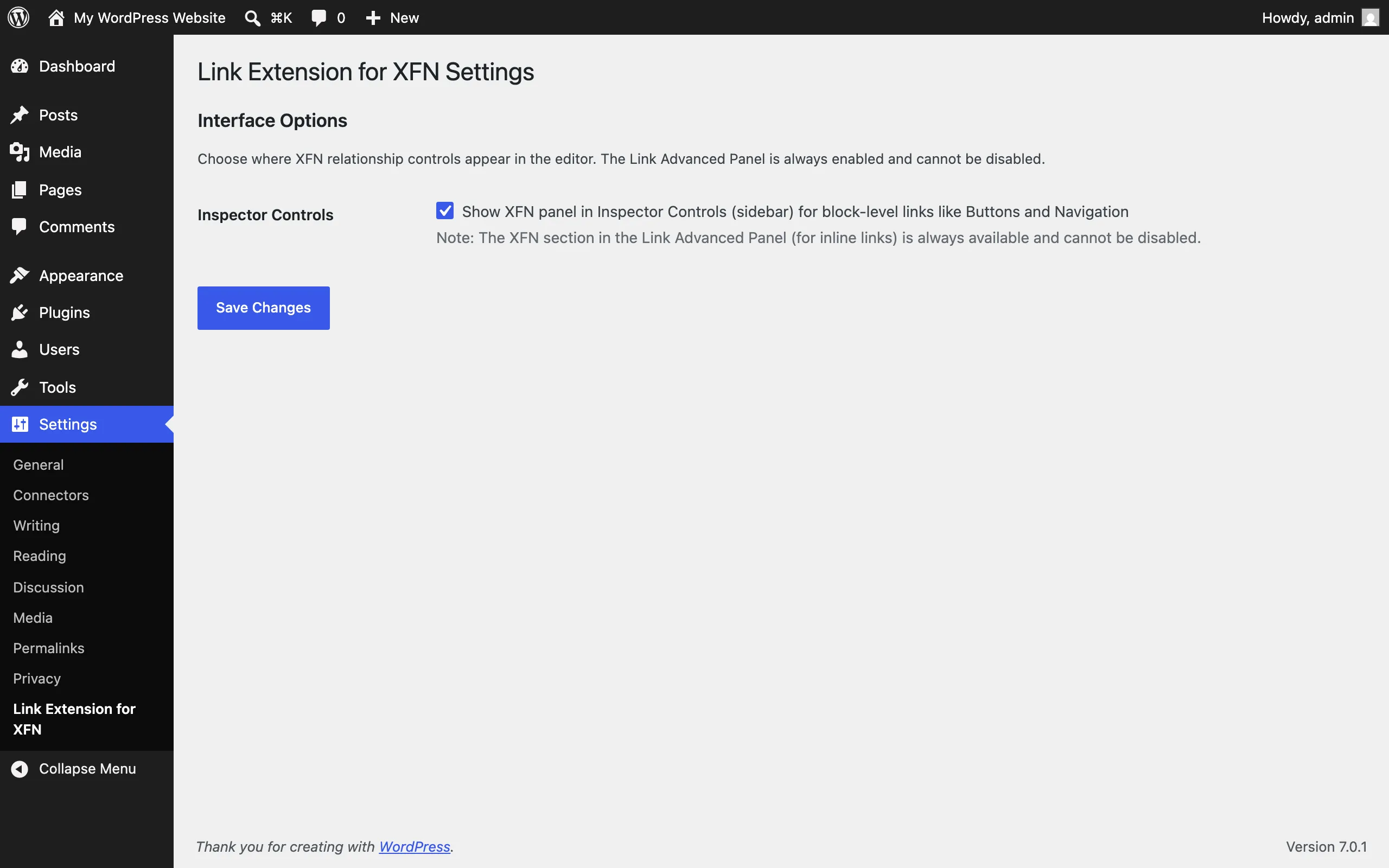 Settings page with the Inspector Controls checkbox and the always-on Advanced panel note