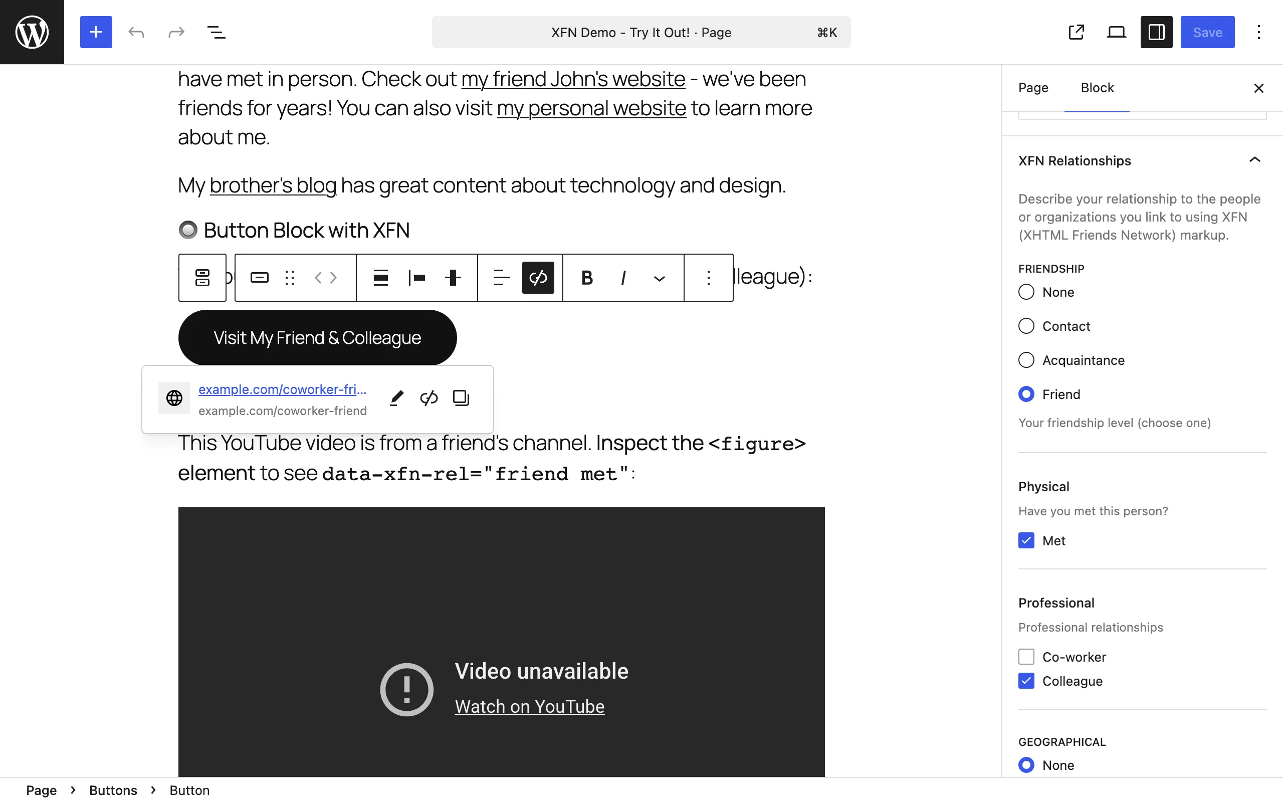 XFN Relationships sidebar panel showing radio and checkbox groups with selected relationship pills