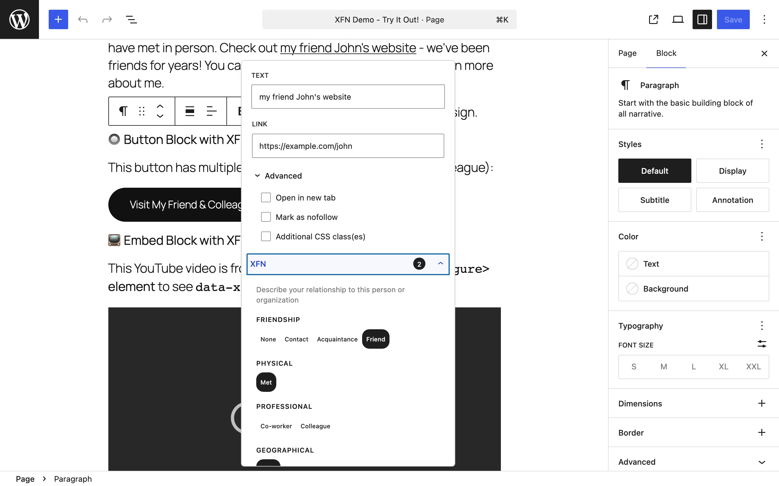 Link popover Advanced section showing the collapsible XFN area with a count badge and relationship button groups