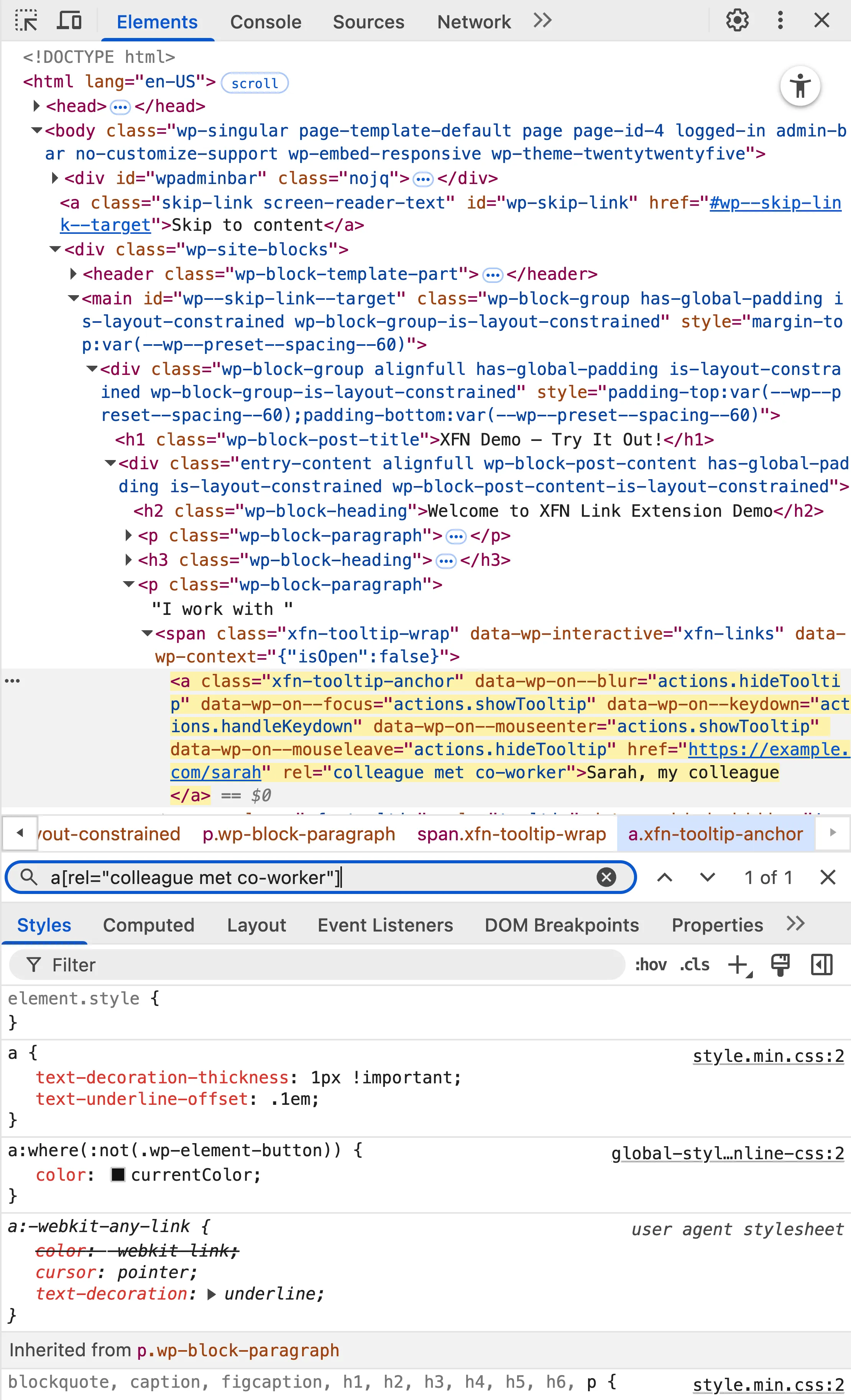 Browser developer tools showing an anchor element with XFN values in its rel attribute