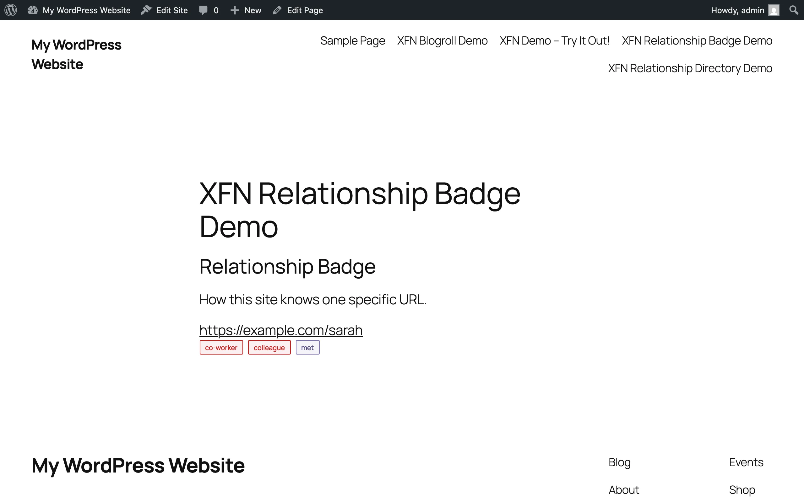 Relationship Badge block showing a URL with its XFN relationship pills