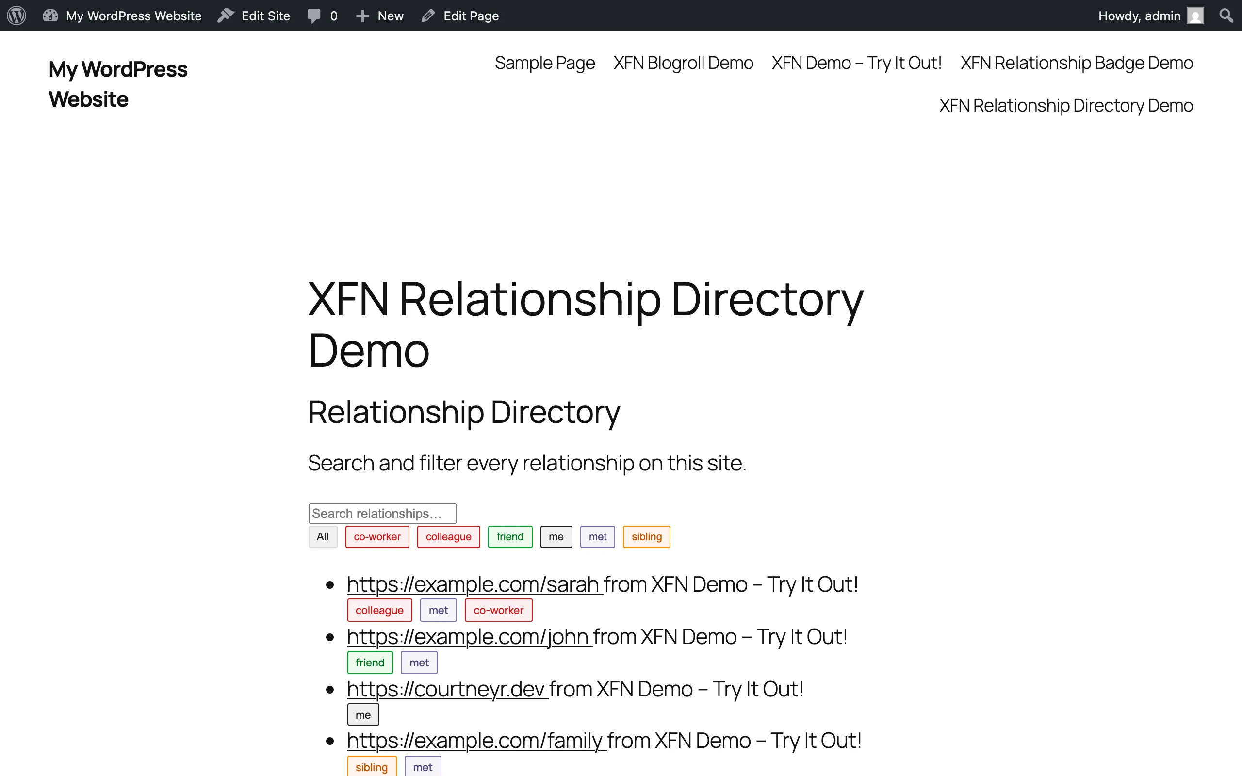 Relationship Directory block with a search box, relationship filter buttons, and a filtered list of links