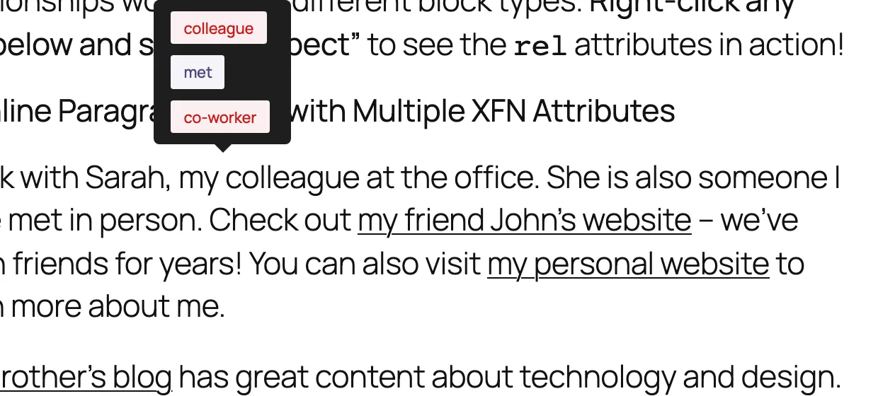 Tooltip popover listing colleague, met, and co-worker relationship pills above a hovered XFN link