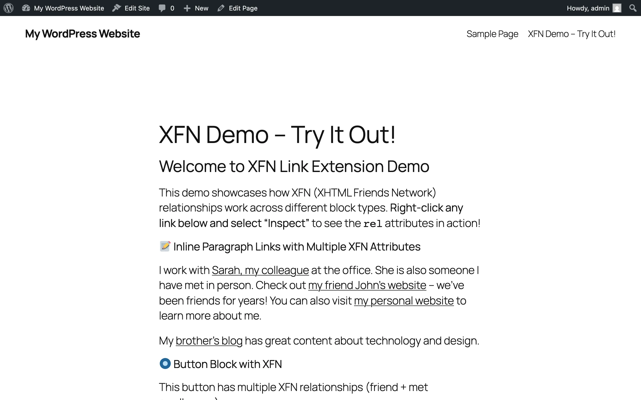 Published XFN demo page with inline paragraph links and a button block section