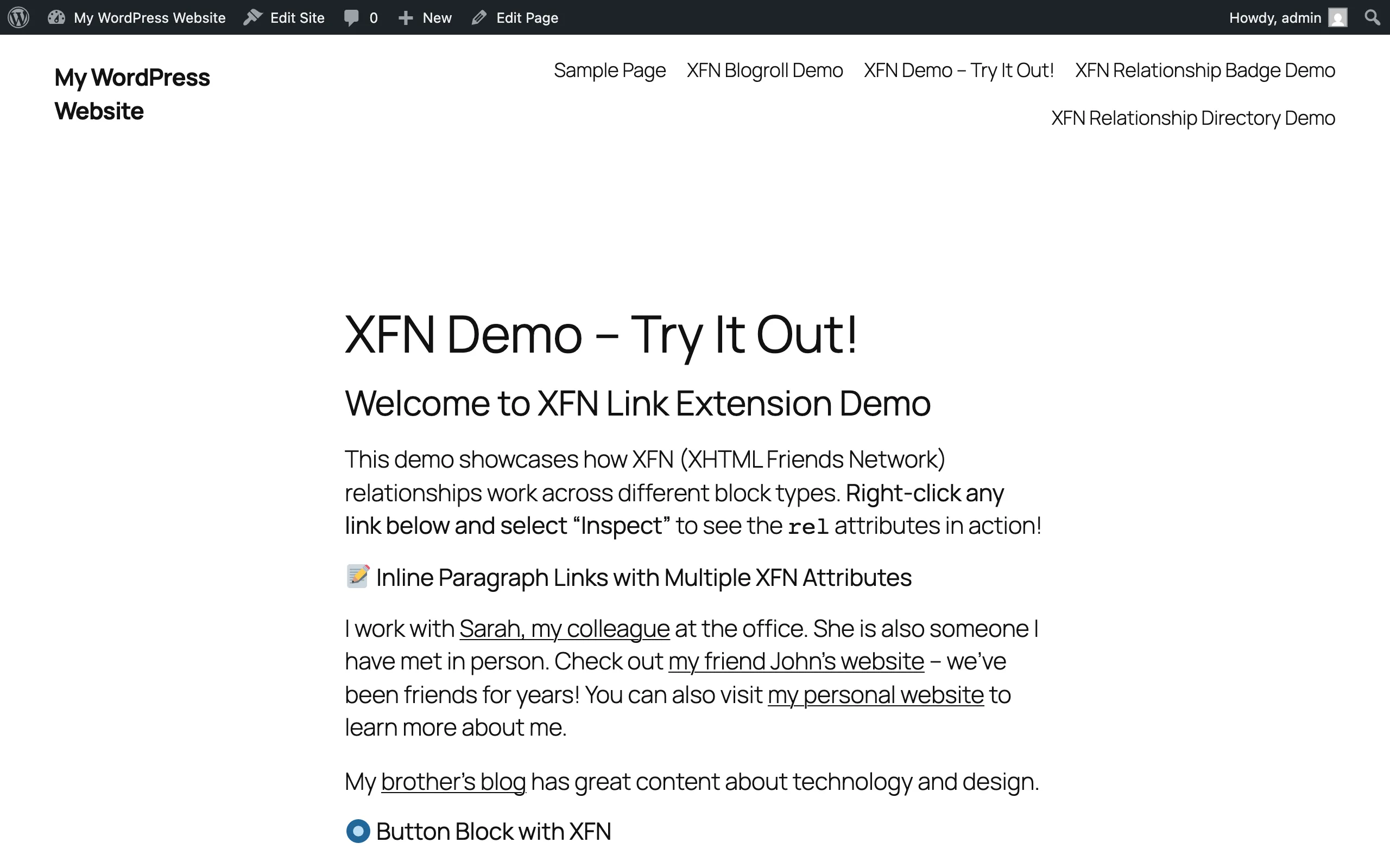 Published XFN demo page with inline paragraph links and a button block section