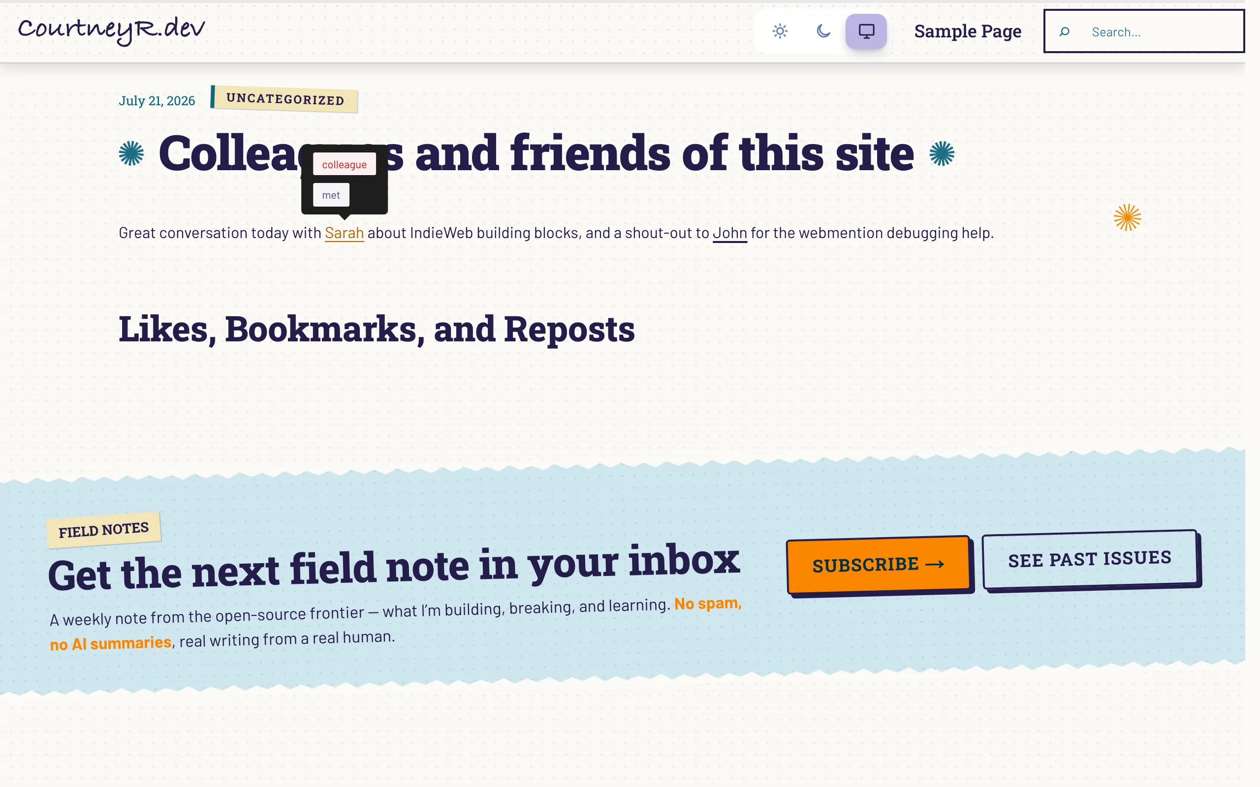 XFN tooltip showing colleague and met relationship pills while hovering a link in a post on a zine-styled block theme
