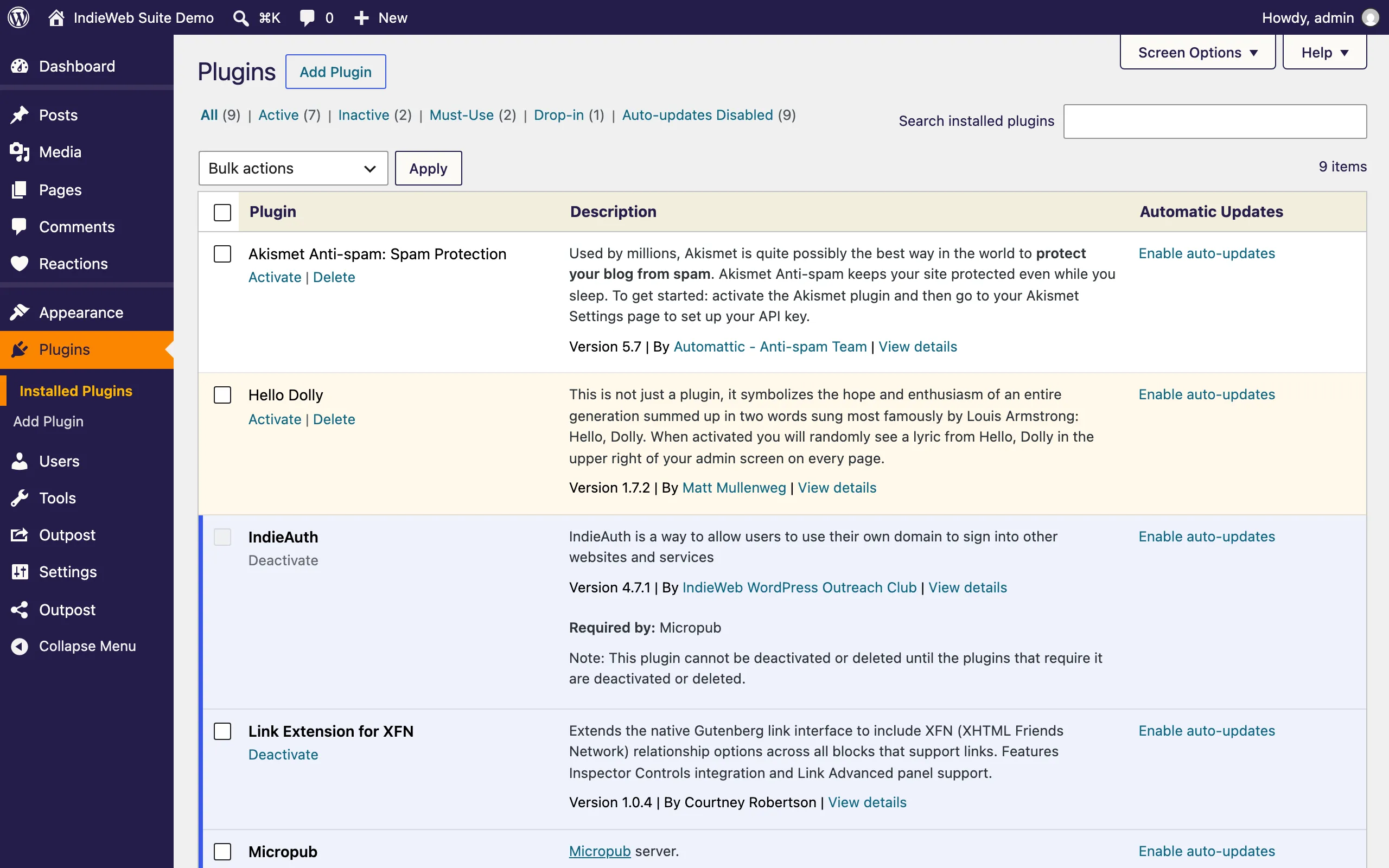 WordPress plugins list showing IndieAuth, Link Extension for XFN, Micropub, Outpost, Post Formats for Block Themes, Post Kinds for IndieWeb, and Webmention all active