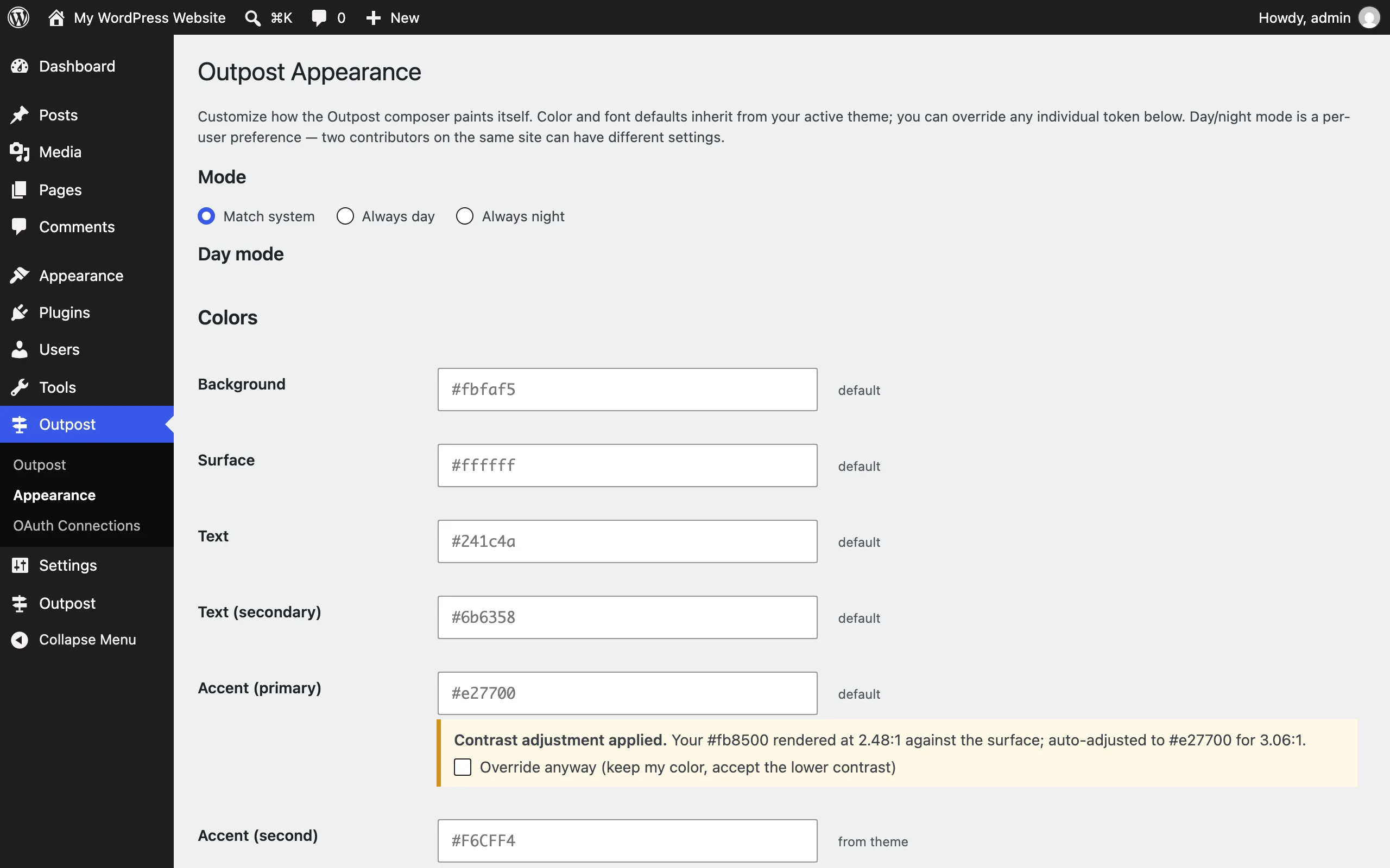 Outpost Appearance page with the day/night mode choice and token override fields