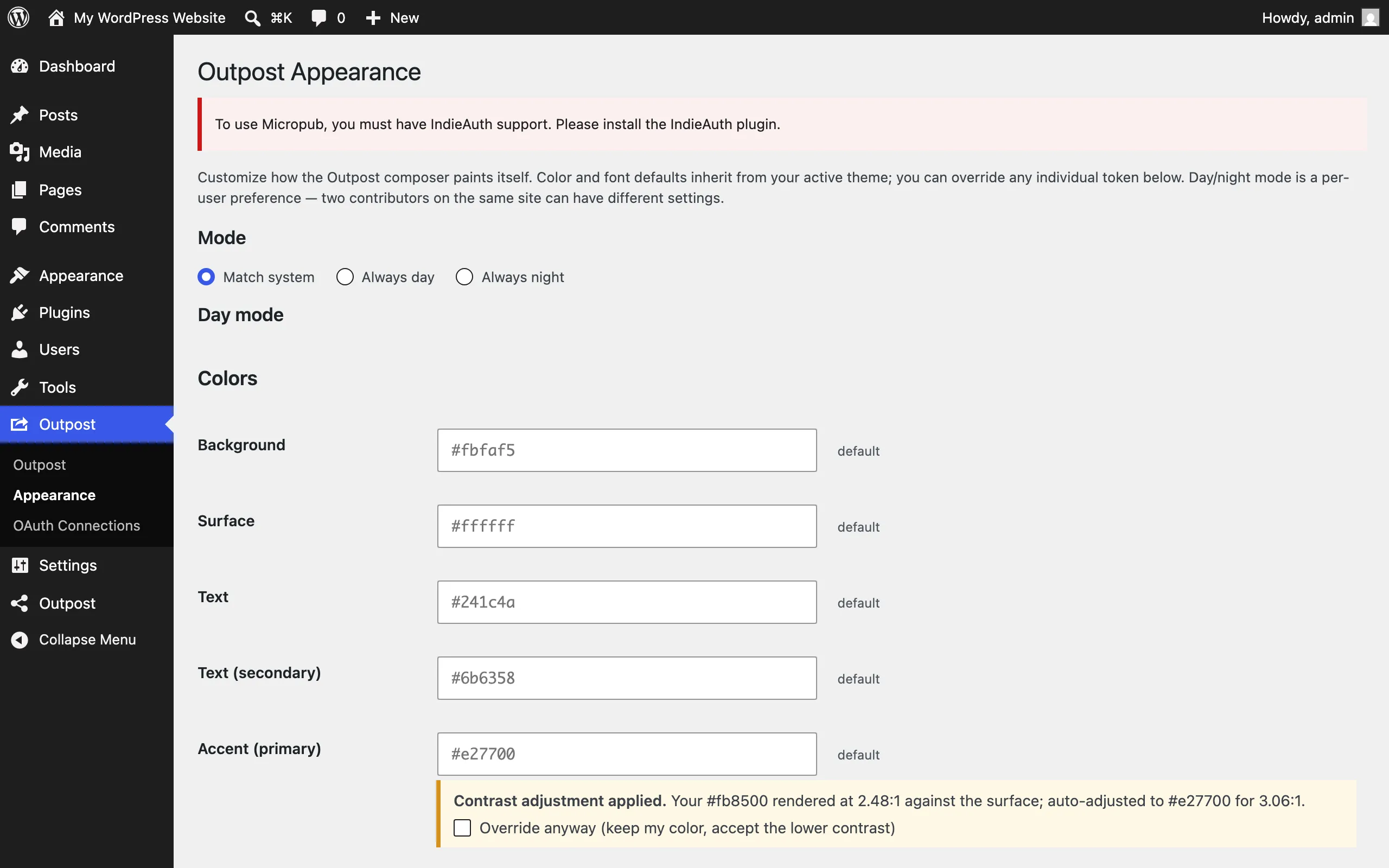 Outpost Appearance page with the day/night mode choice and token override fields