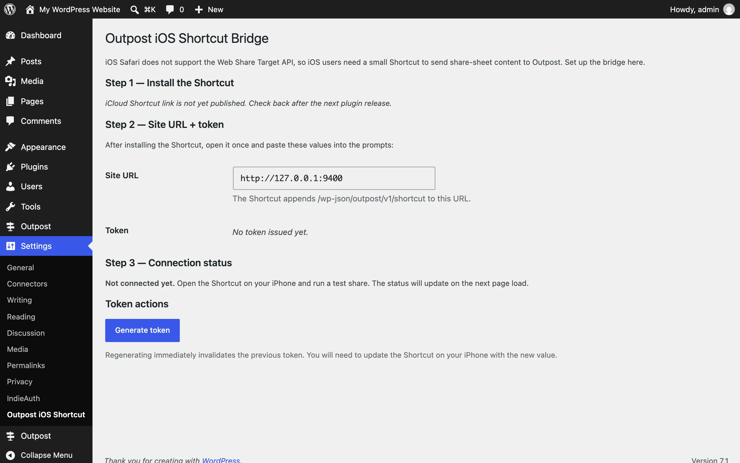 Outpost iOS Shortcut settings page with the per-user token controls
