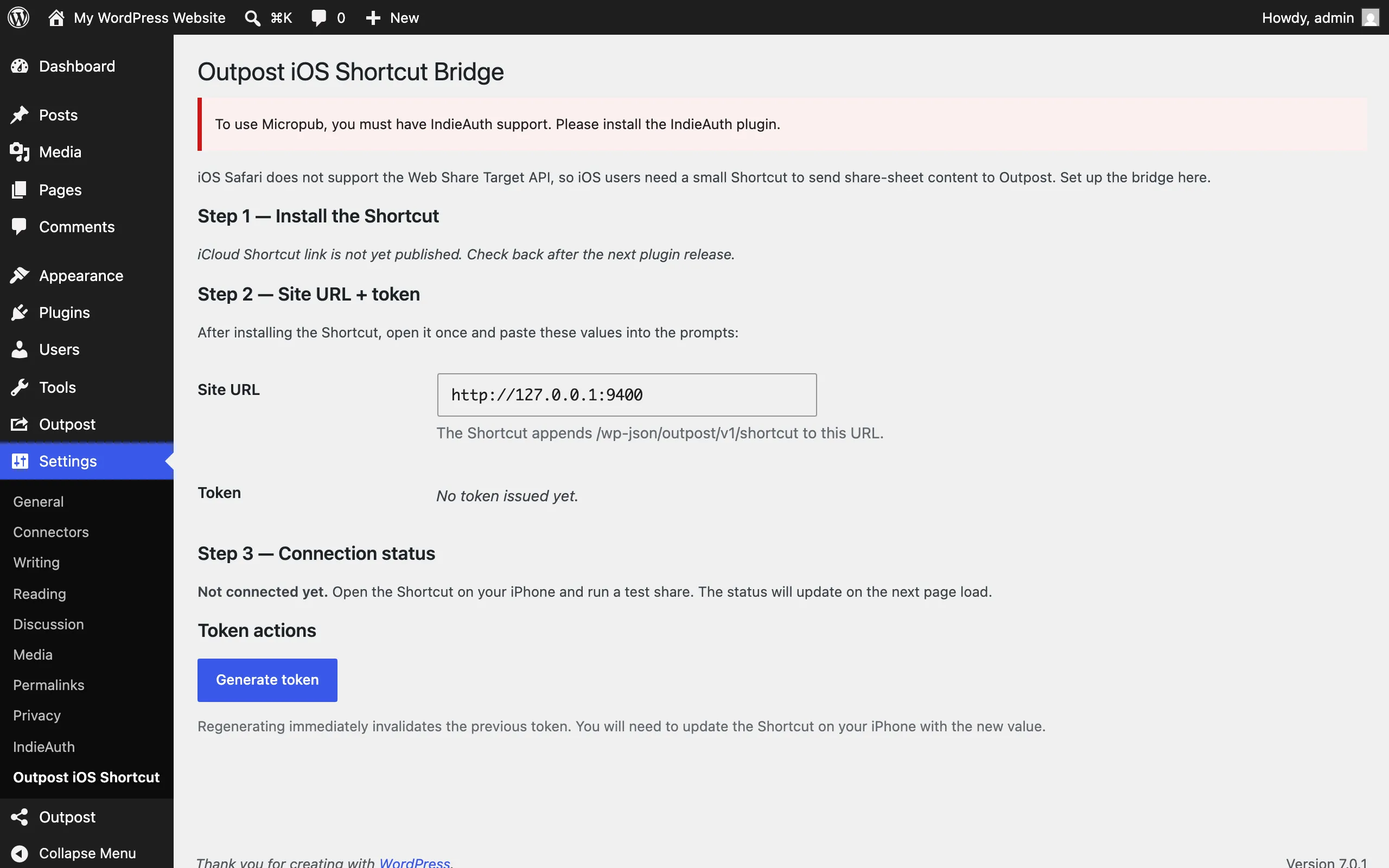 Outpost iOS Shortcut settings page with the per-user token controls