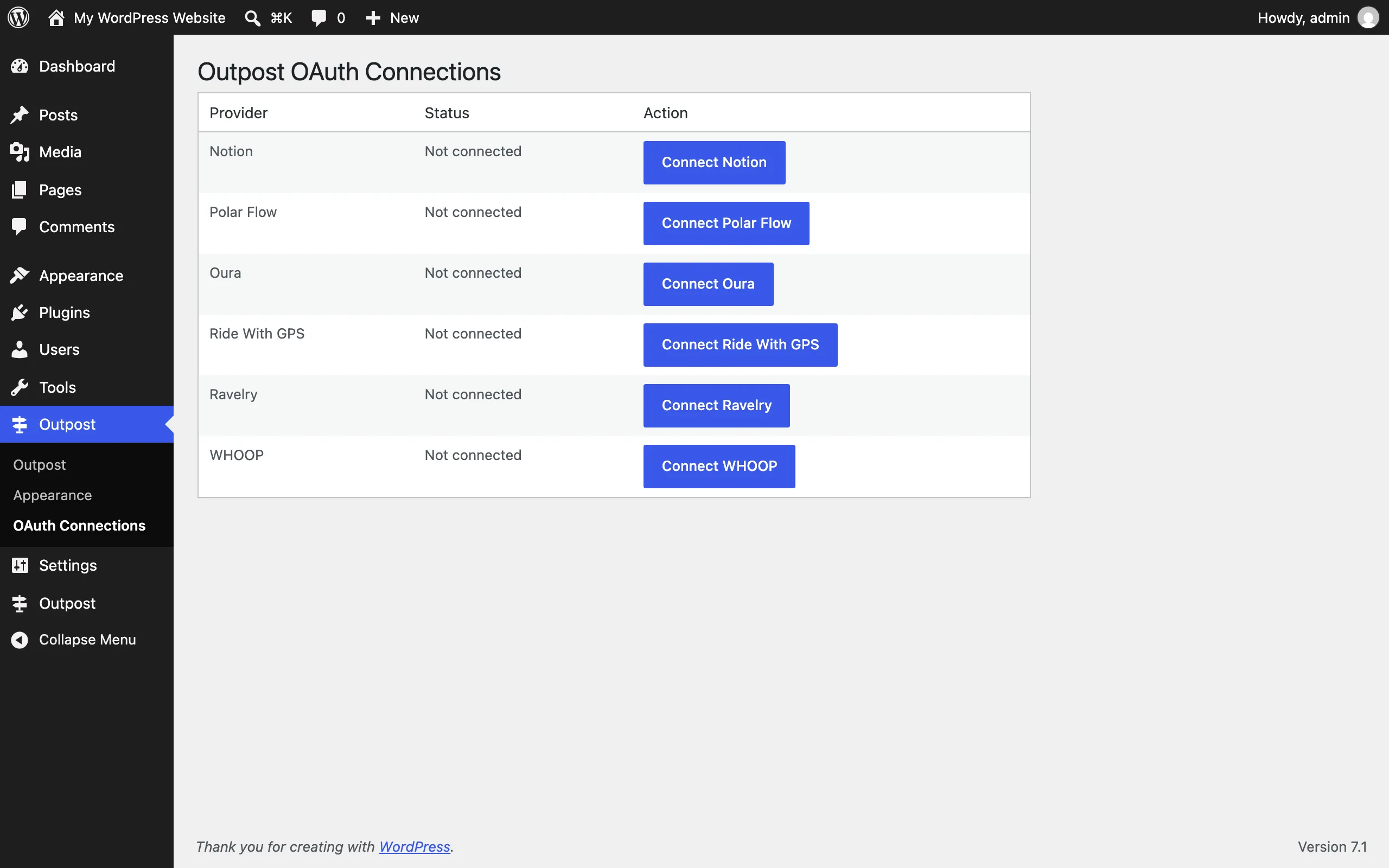 OAuth Connections page listing providers with Connect actions