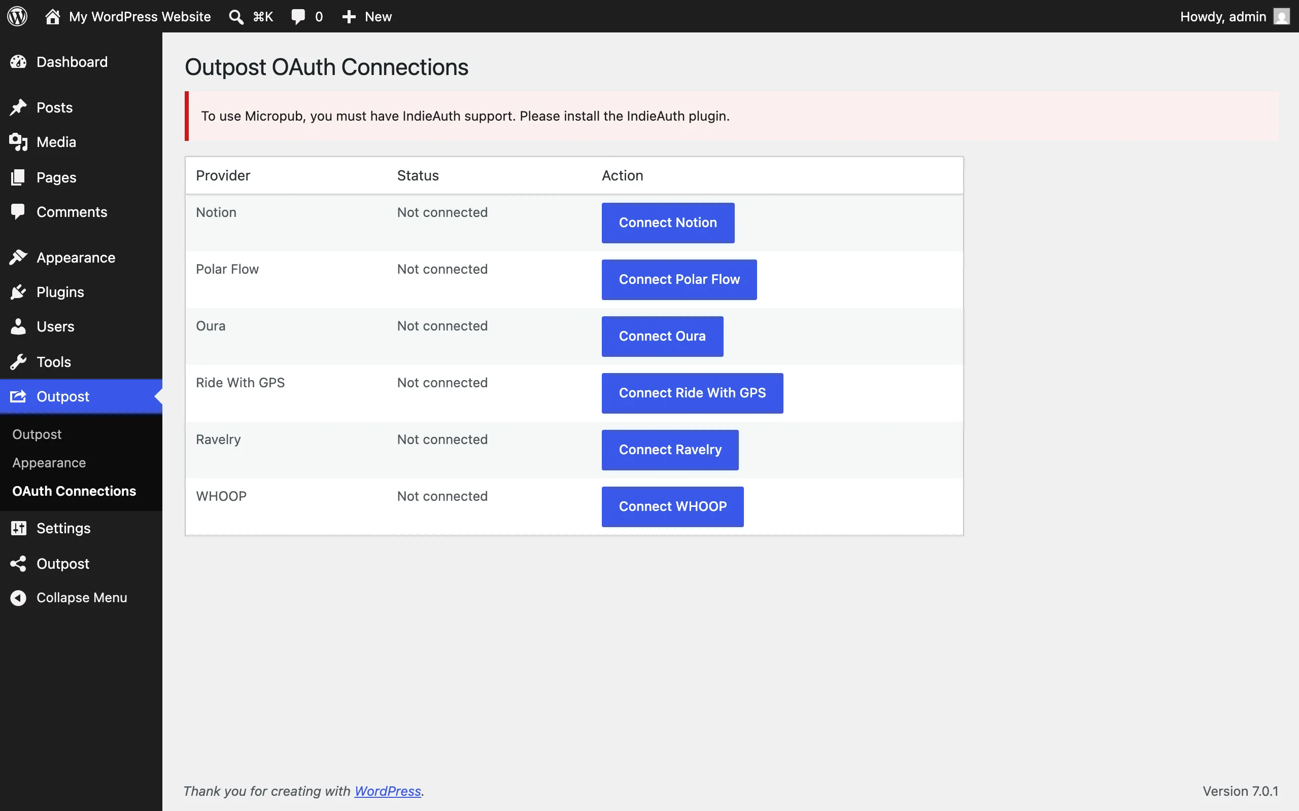 OAuth Connections page listing providers with Connect actions
