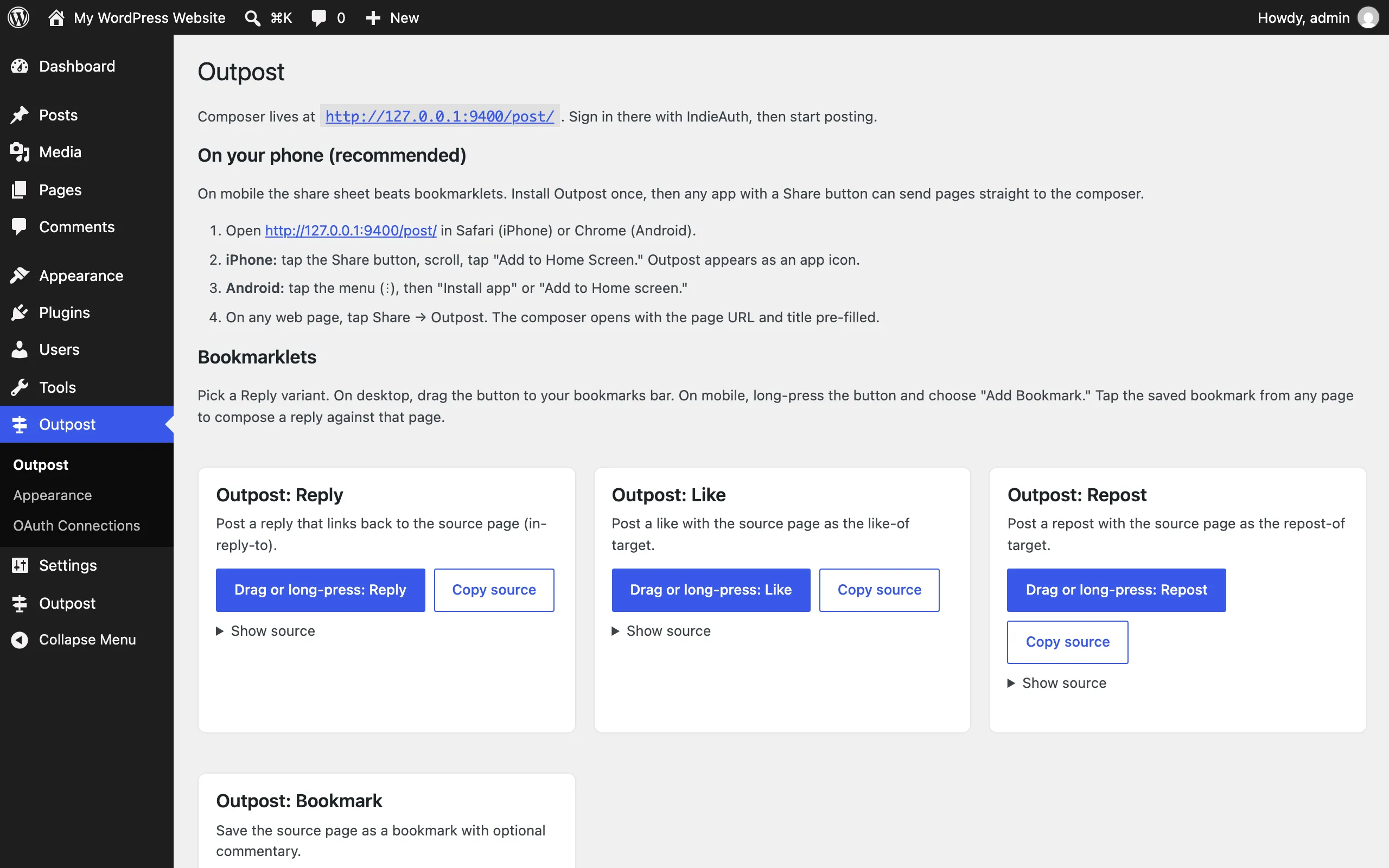 Outpost admin page with per-variant bookmarklets and phone install steps