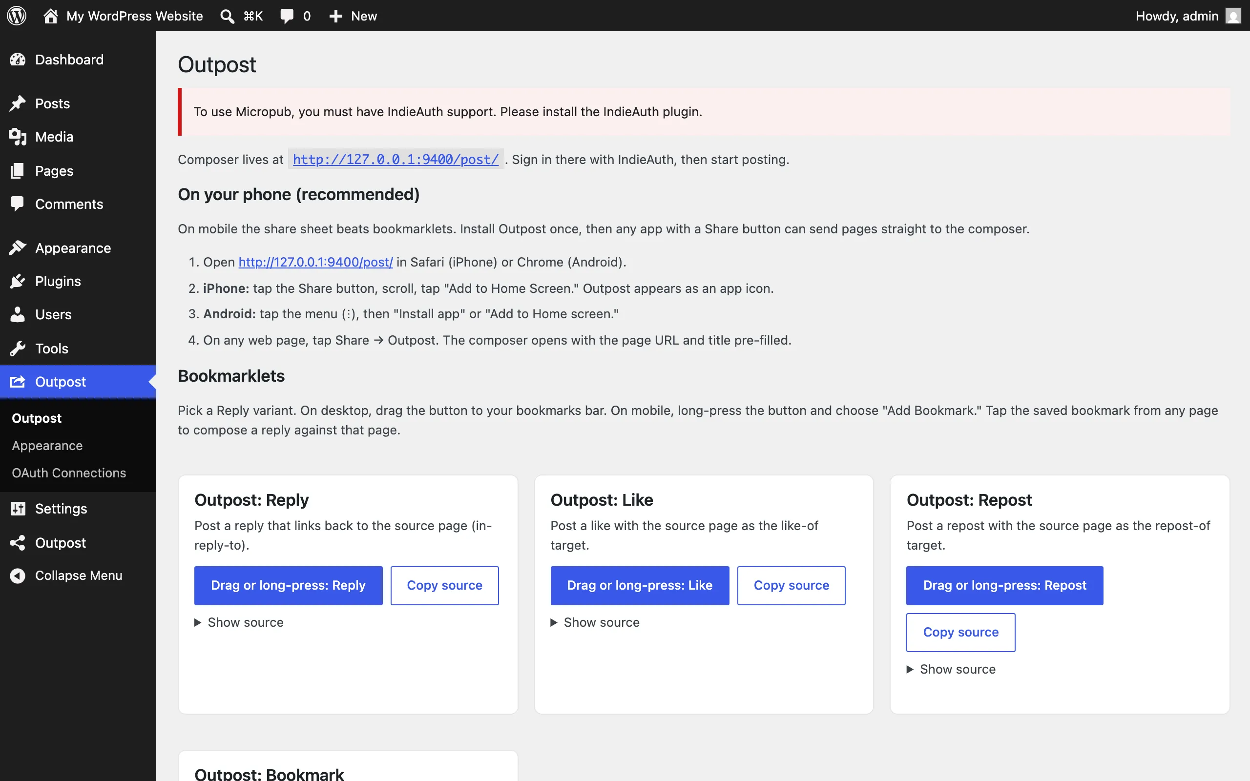 Outpost admin page with per-variant bookmarklets and phone install steps