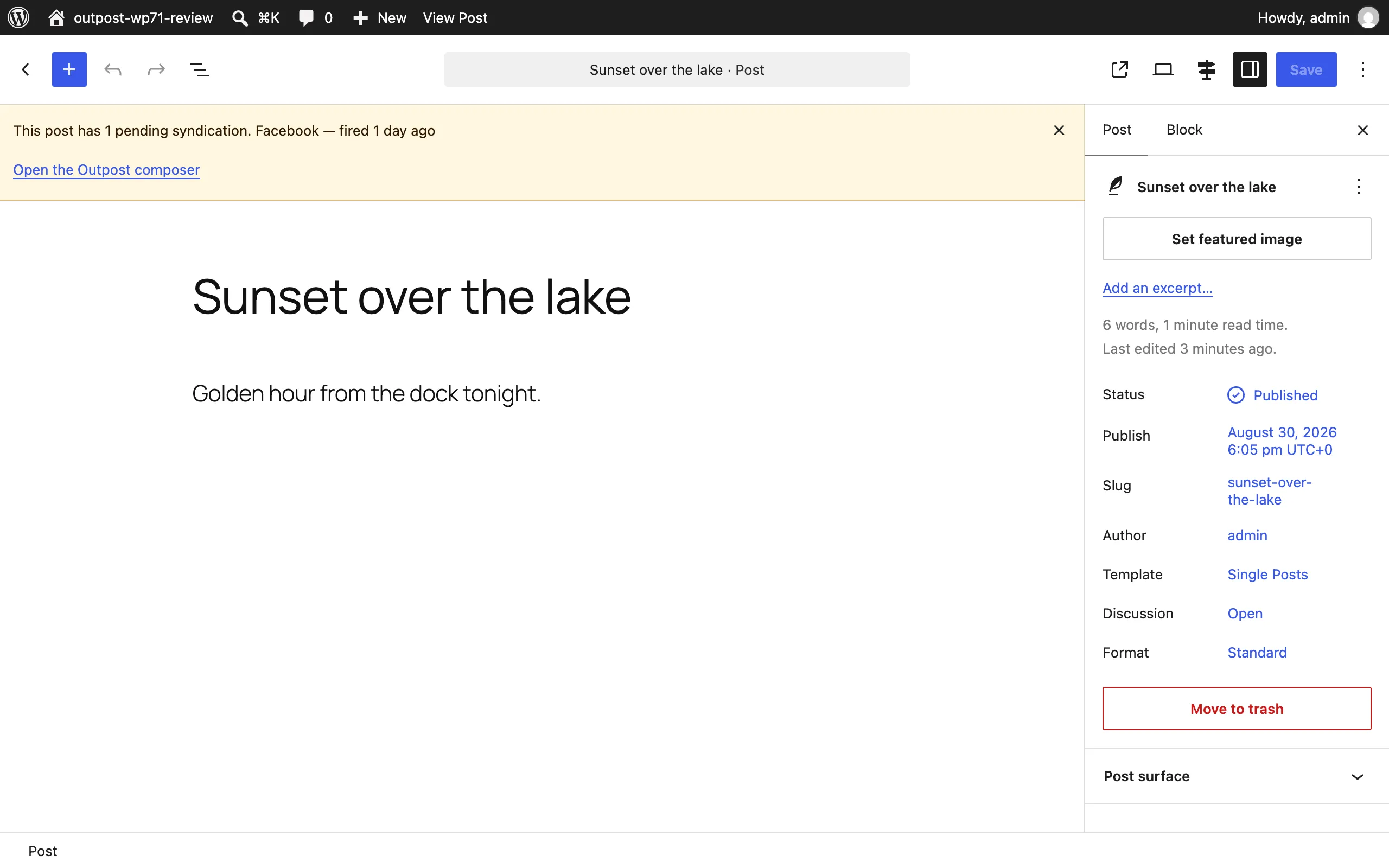 Editor notice listing the platforms a post was shared to that still need their URL recorded