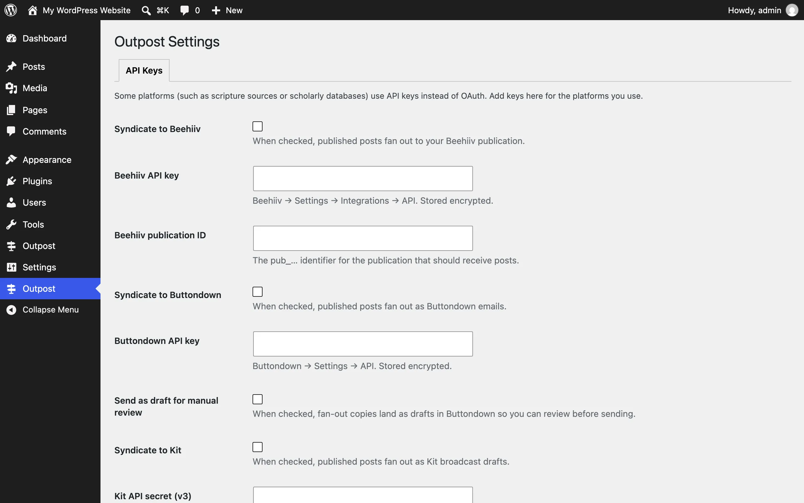 Outpost Settings page showing the API Keys tab with credential fields