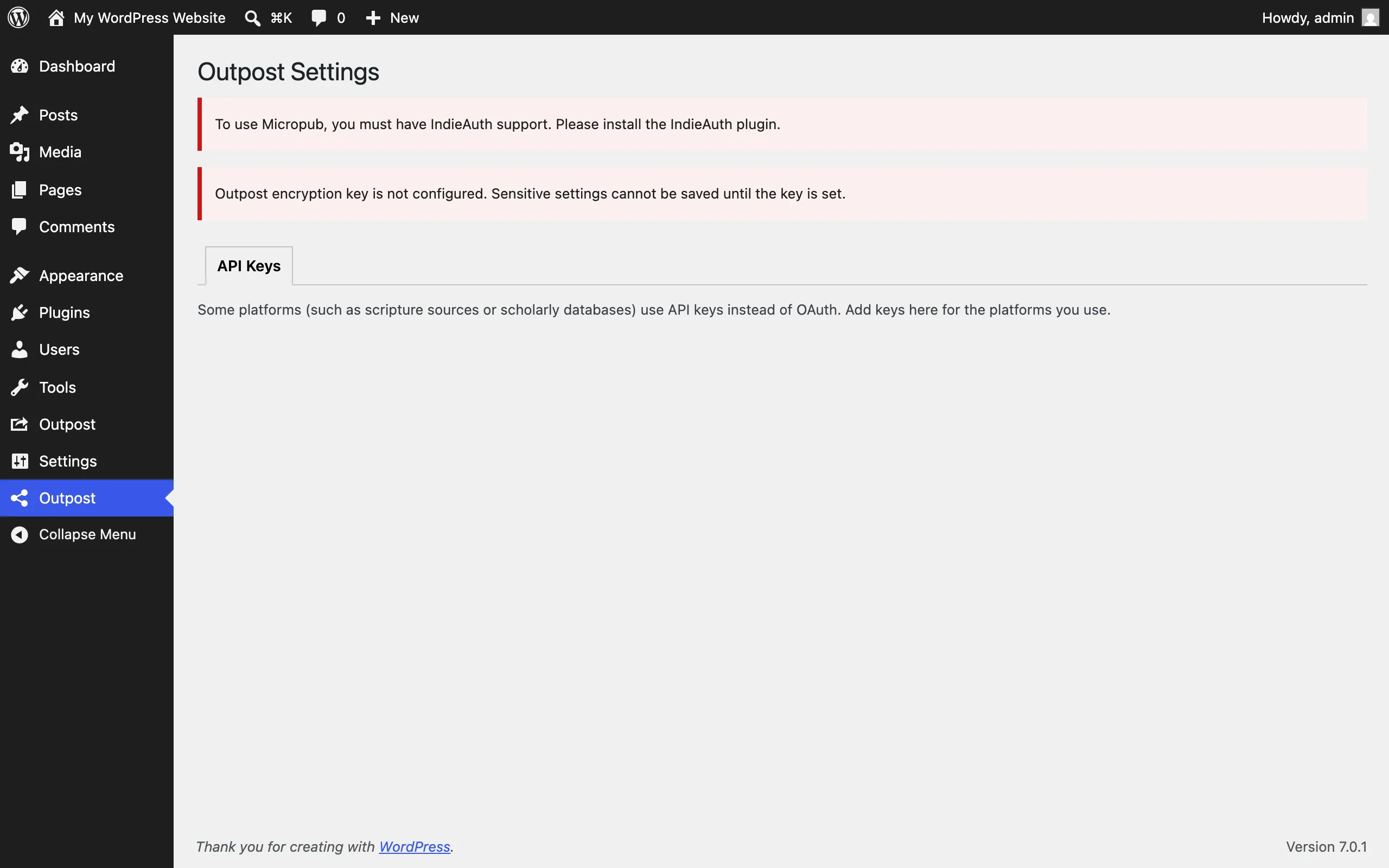 Outpost Settings page showing the API Keys tab with credential fields