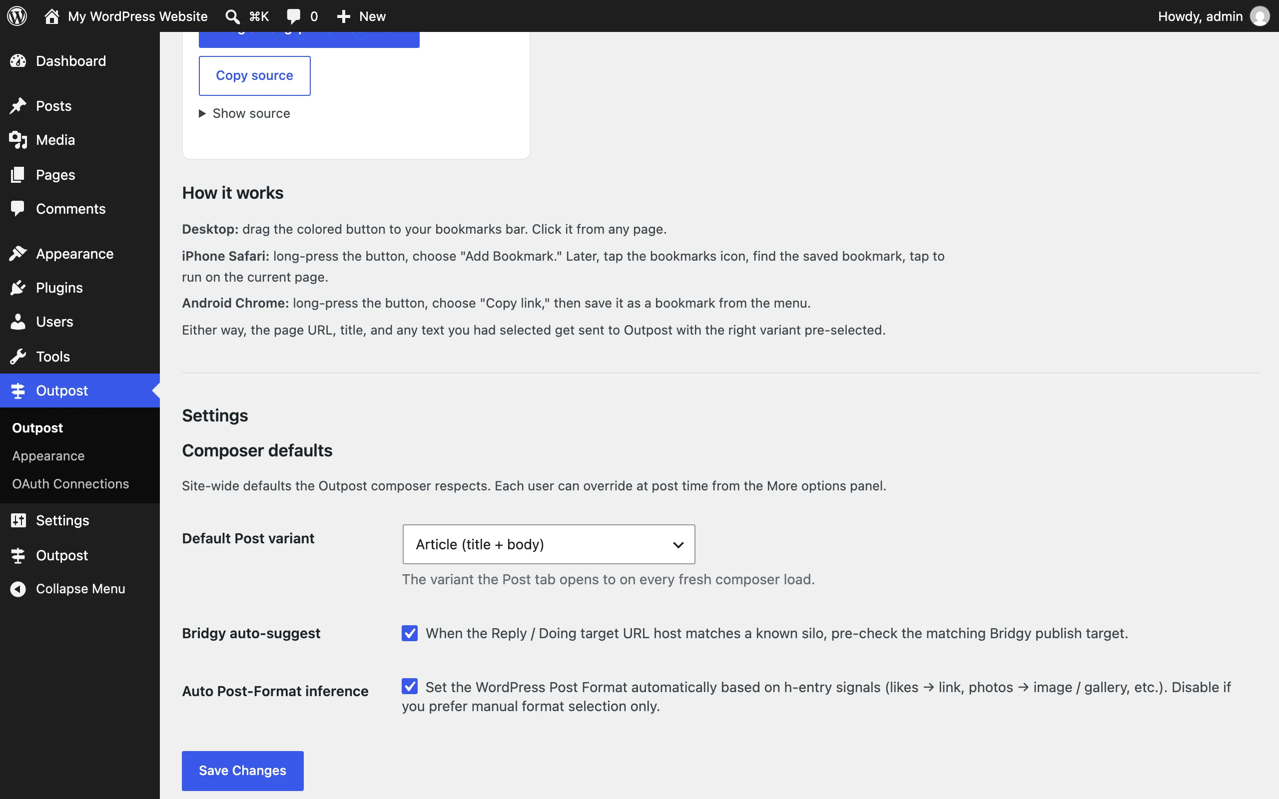 Composer defaults form with Default Post variant, Bridgy auto-suggest, and Auto Post-Format inference fields