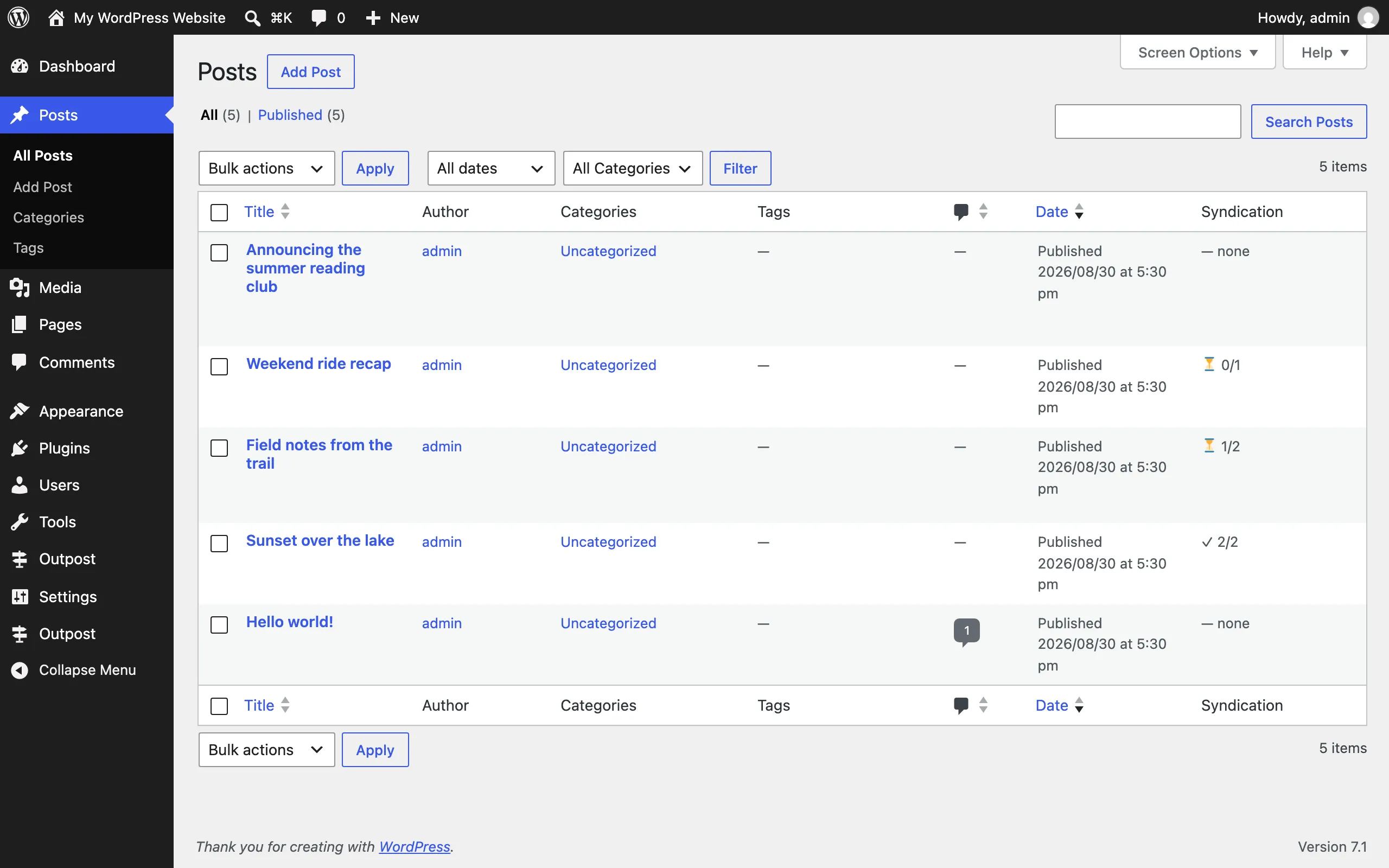 Posts list showing the Outpost syndication status column