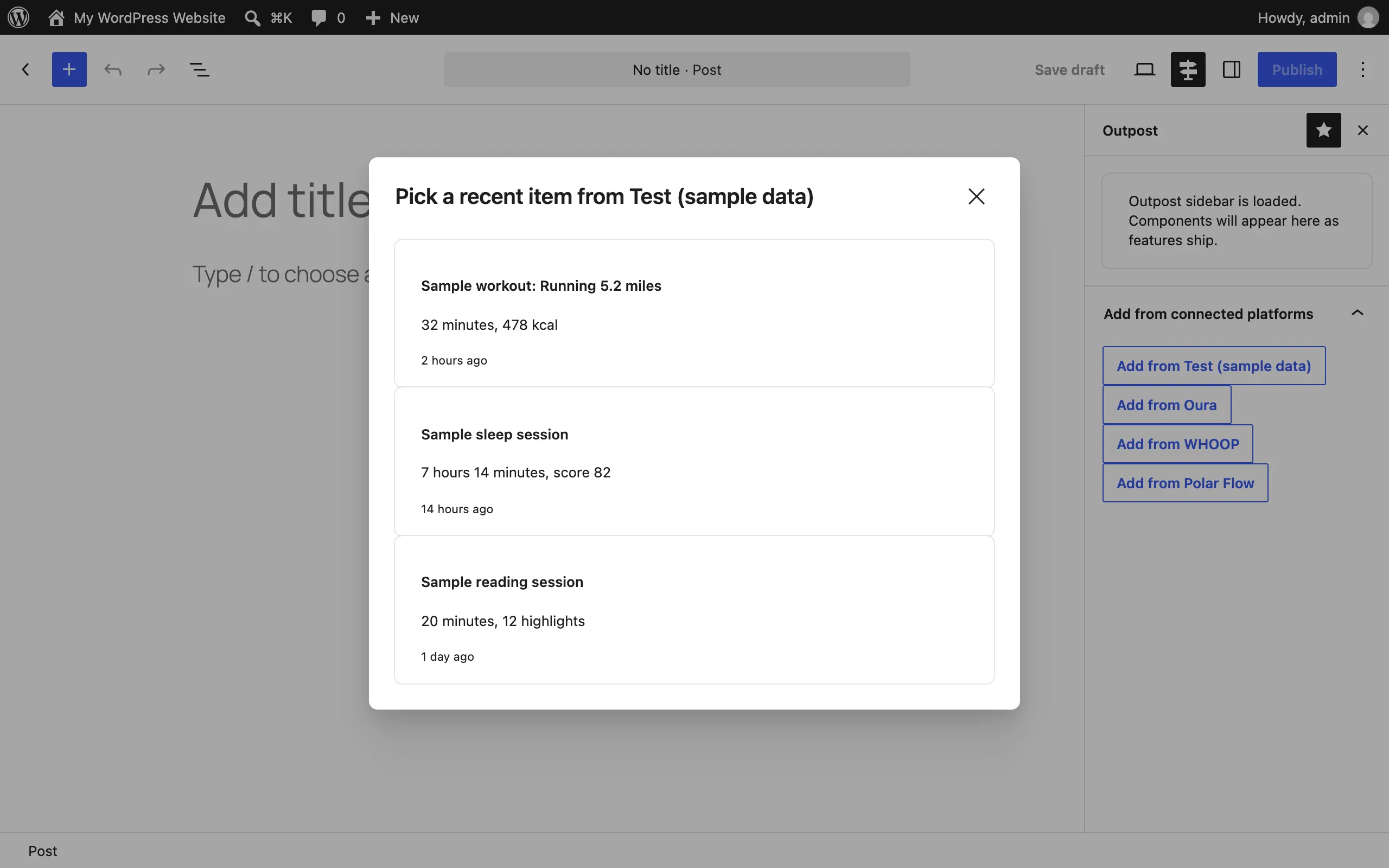 Block editor with the Outpost sidebar showing the fetch-recent picker