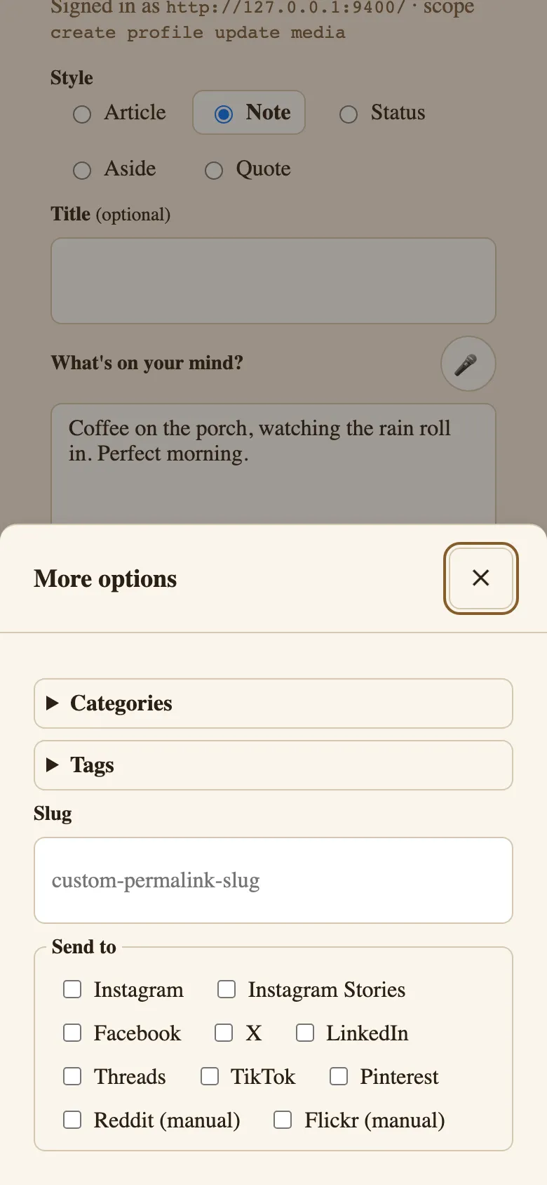 Outpost composer on a phone showing Note mode with a text field and syndication chips