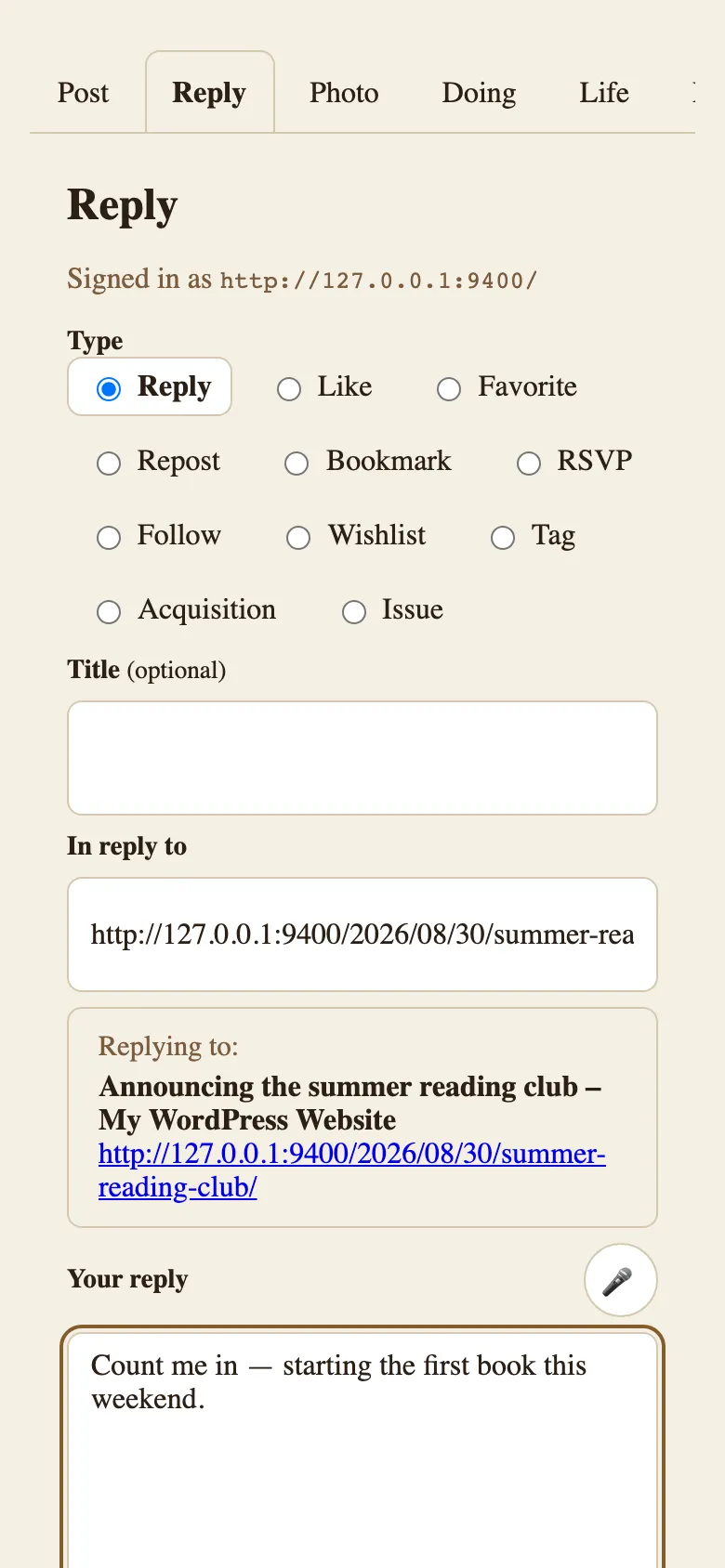 Reply mode showing the pasted target URL context and syndication chips