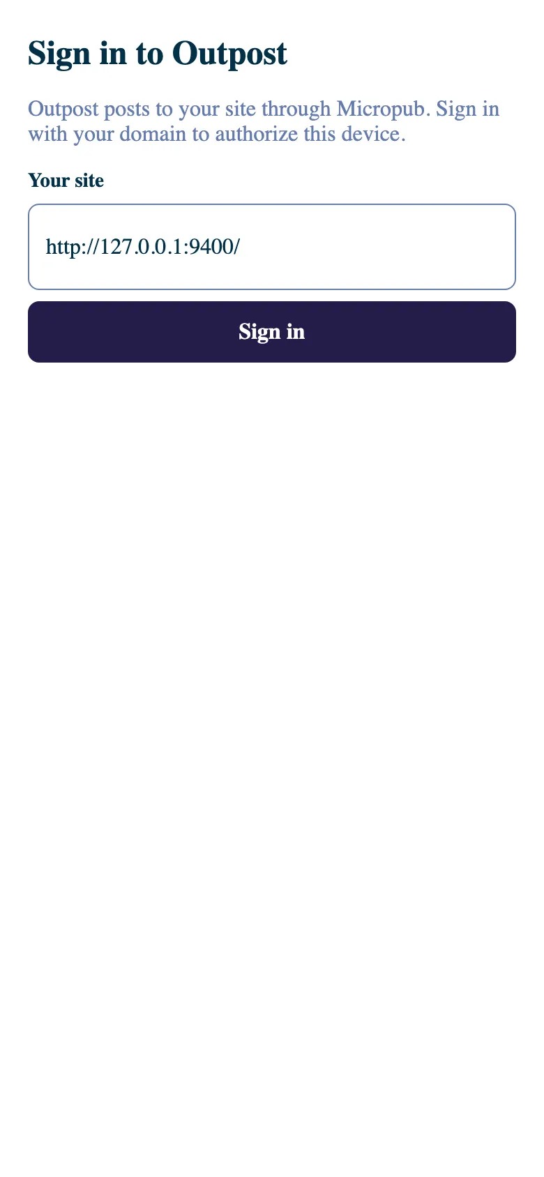 Outpost composer sign-in screen asking for your site address