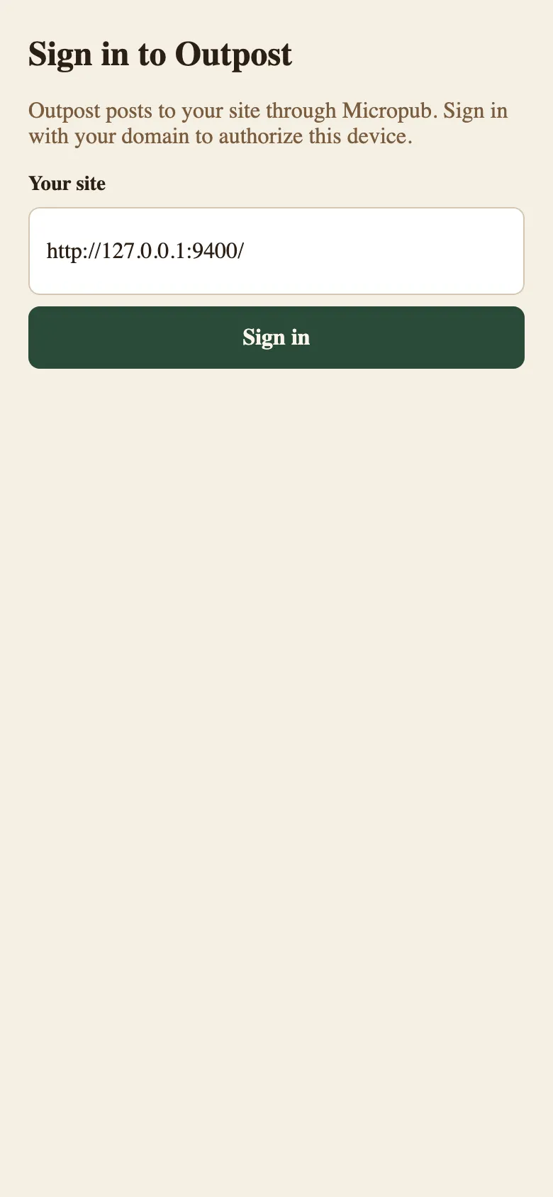Outpost composer sign-in screen asking for your site address