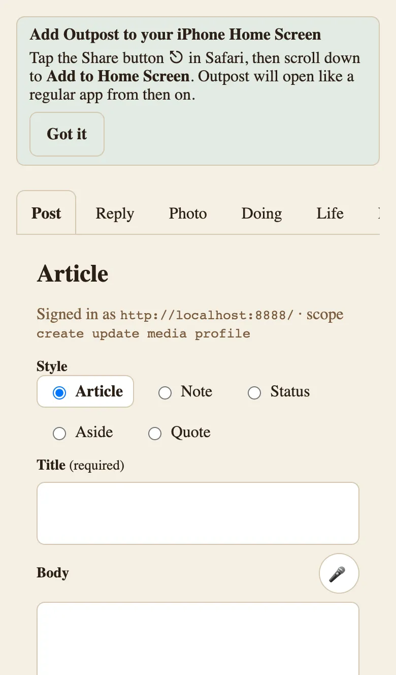 Phone browser showing the Add to Home Screen prompt for the Outpost composer