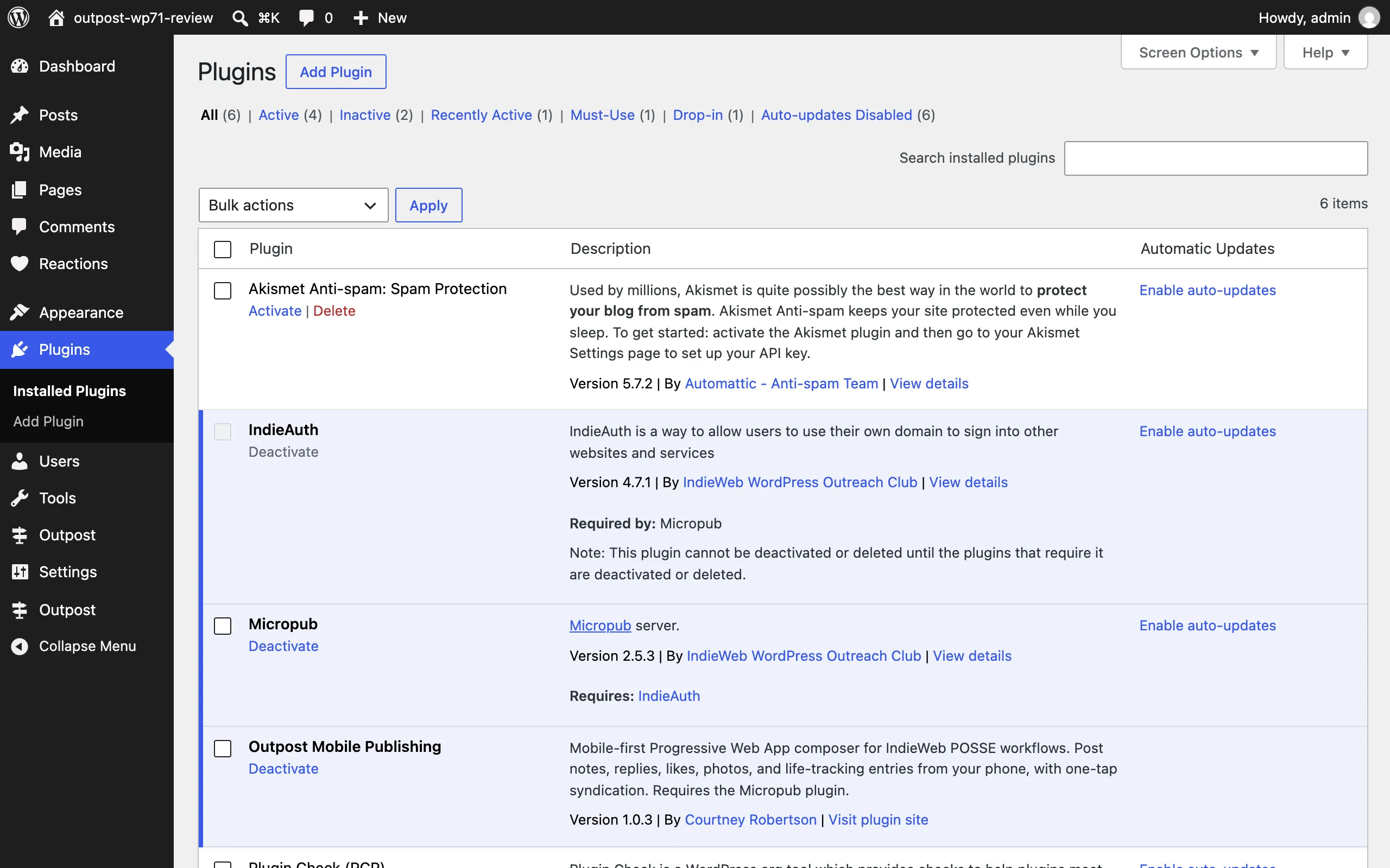 WordPress plugins list showing IndieAuth, Link Extension for XFN, Micropub, Outpost, Post Formats for Block Themes, Post Kinds for IndieWeb, and Webmention all active