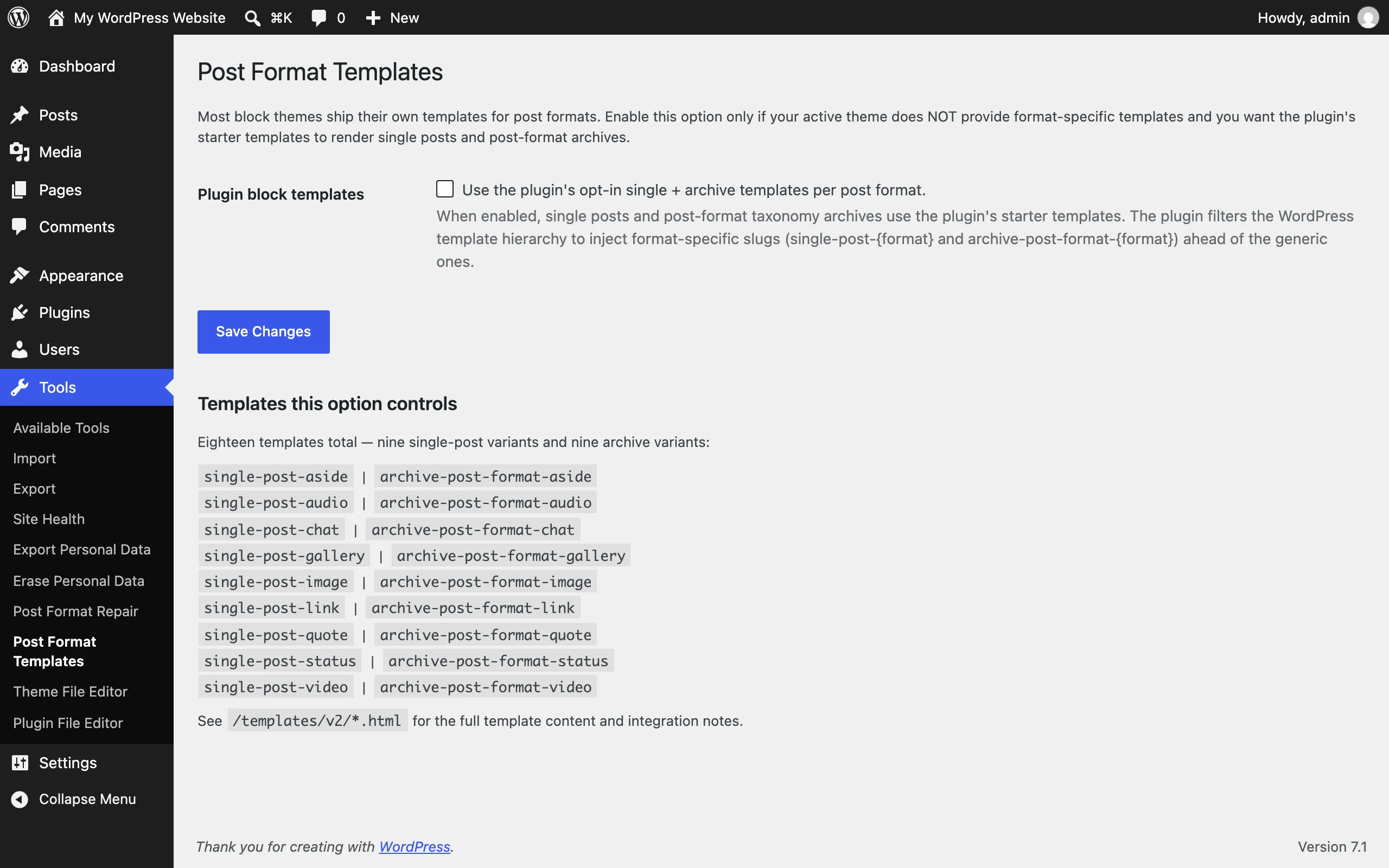 Post Format Templates page with the opt-in checkbox and the list of single and archive templates