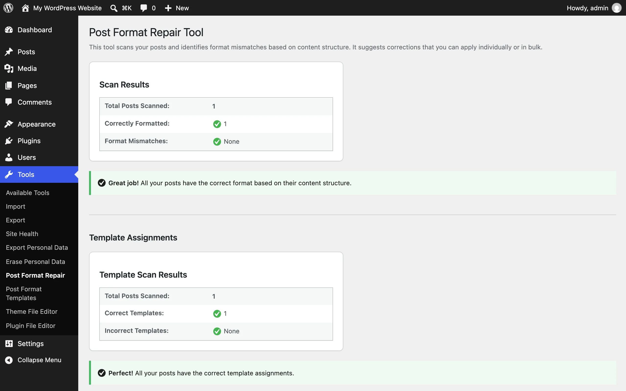 Post Format Repair tool showing scan results with all posts correctly formatted and no mismatches
