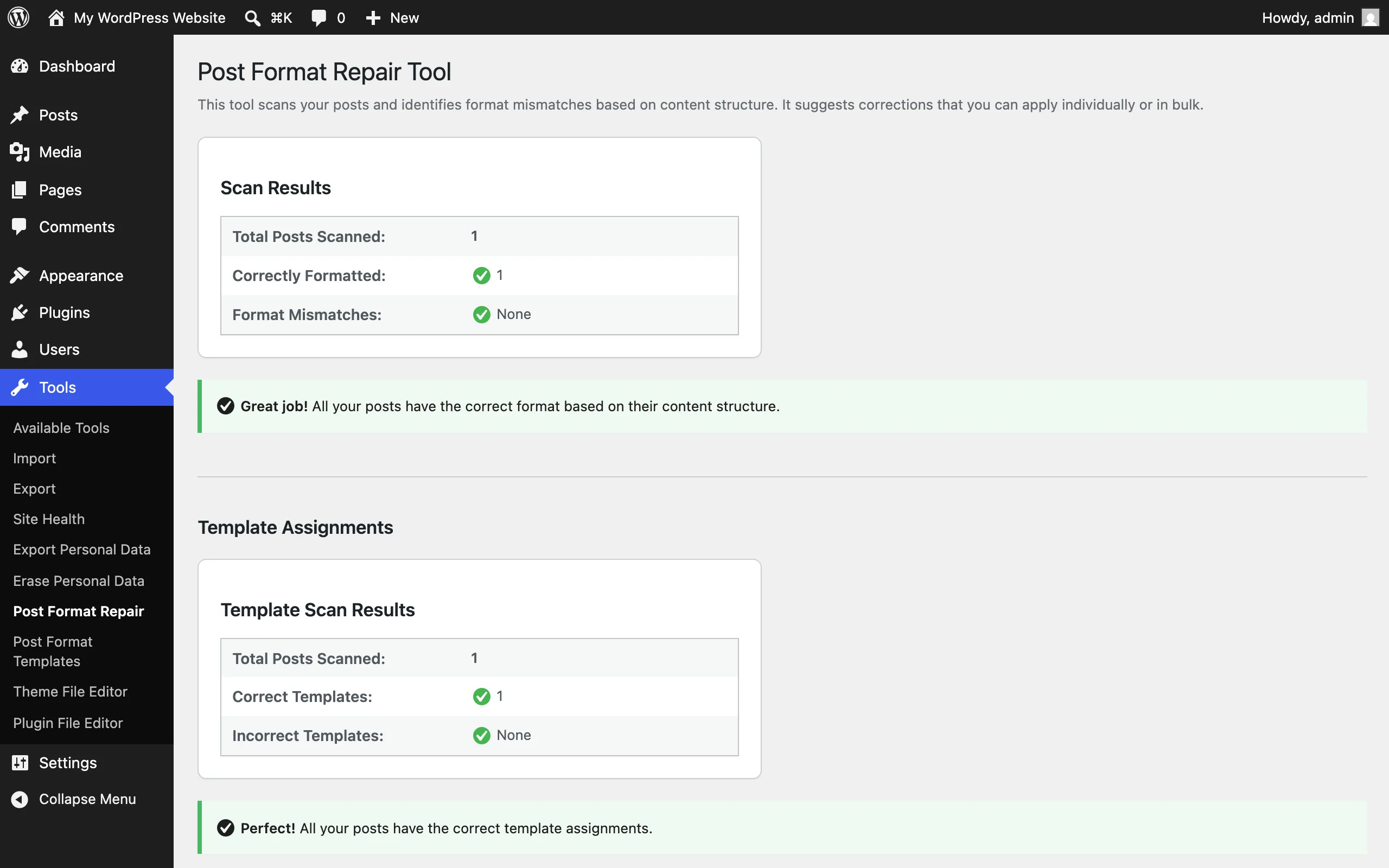 Post Format Repair tool showing scan results with all posts correctly formatted and no mismatches
