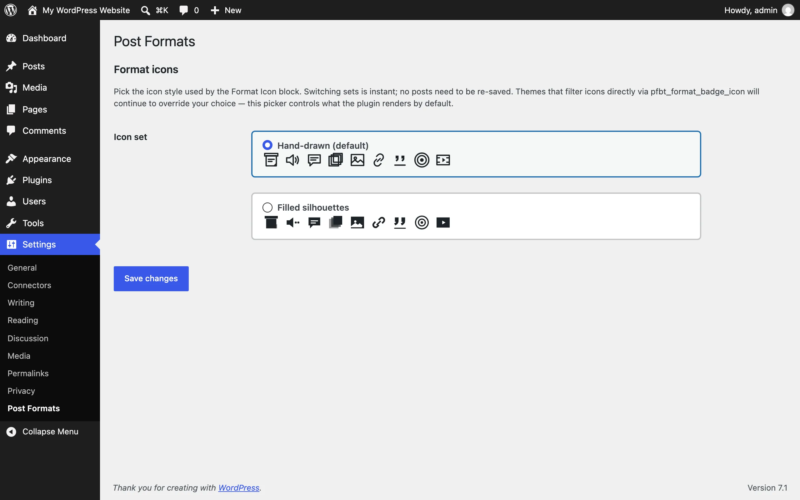 Icon set picker on the Post Formats settings page with hand-drawn and filled silhouette options