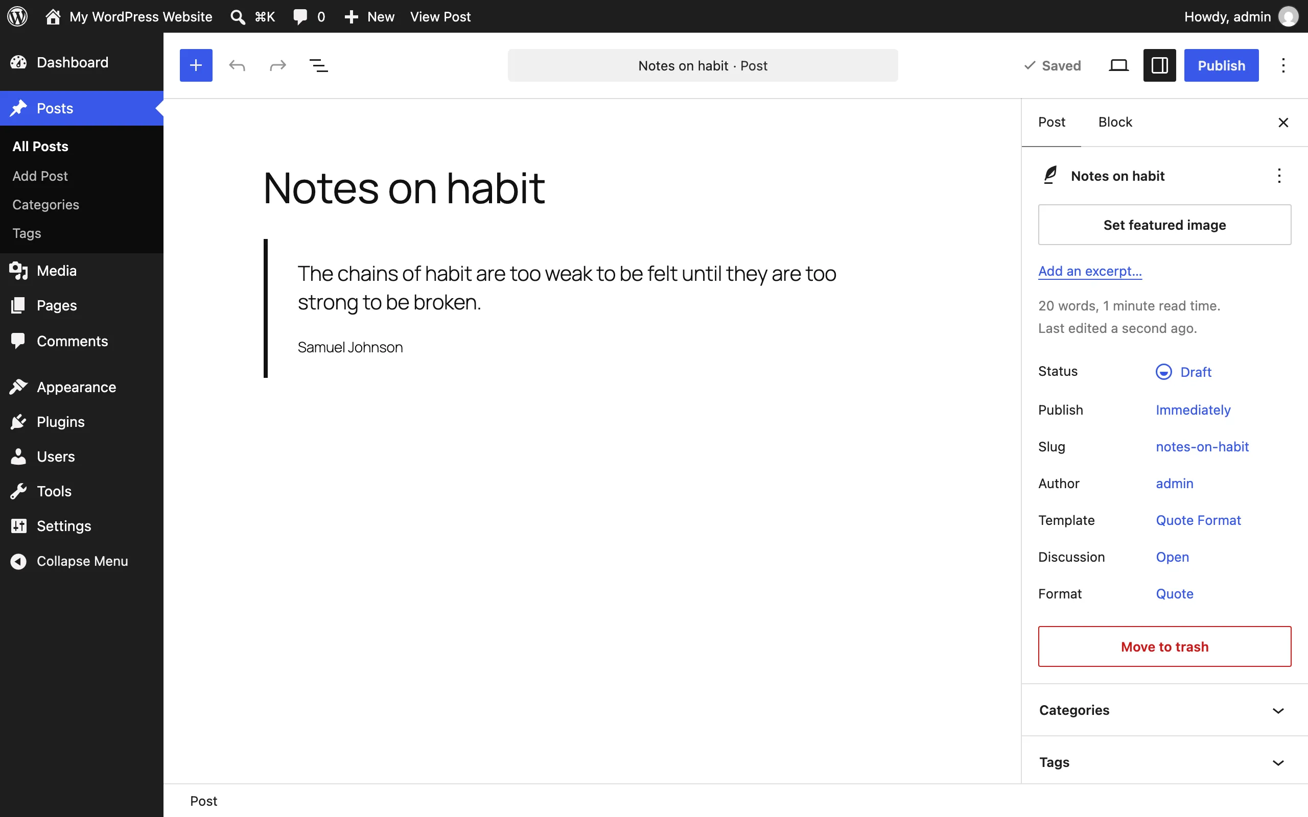 Quote post in the editor whose Format was set to Quote automatically, shown in the Summary panel