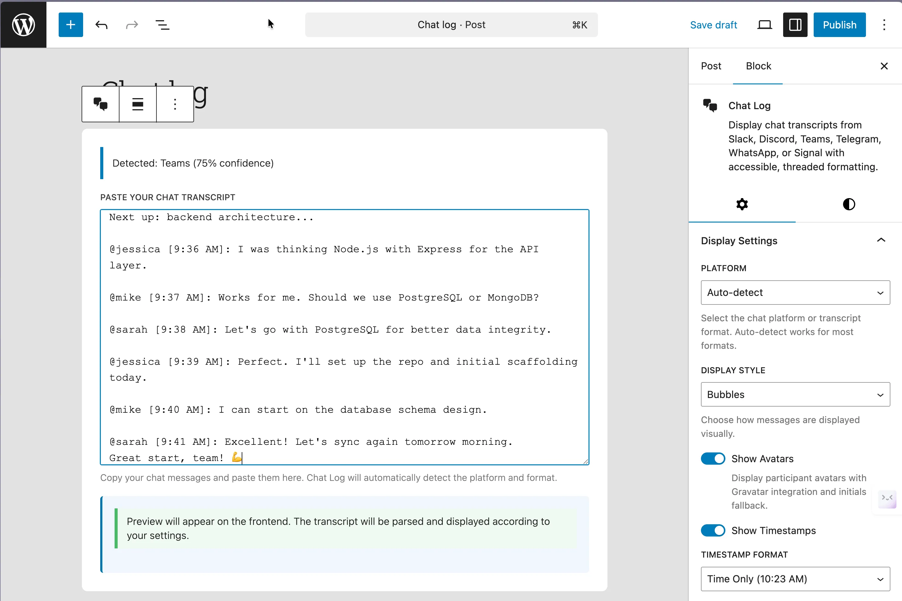 Chat Log block in the editor with a pasted transcript, detected platform, and display settings in the sidebar