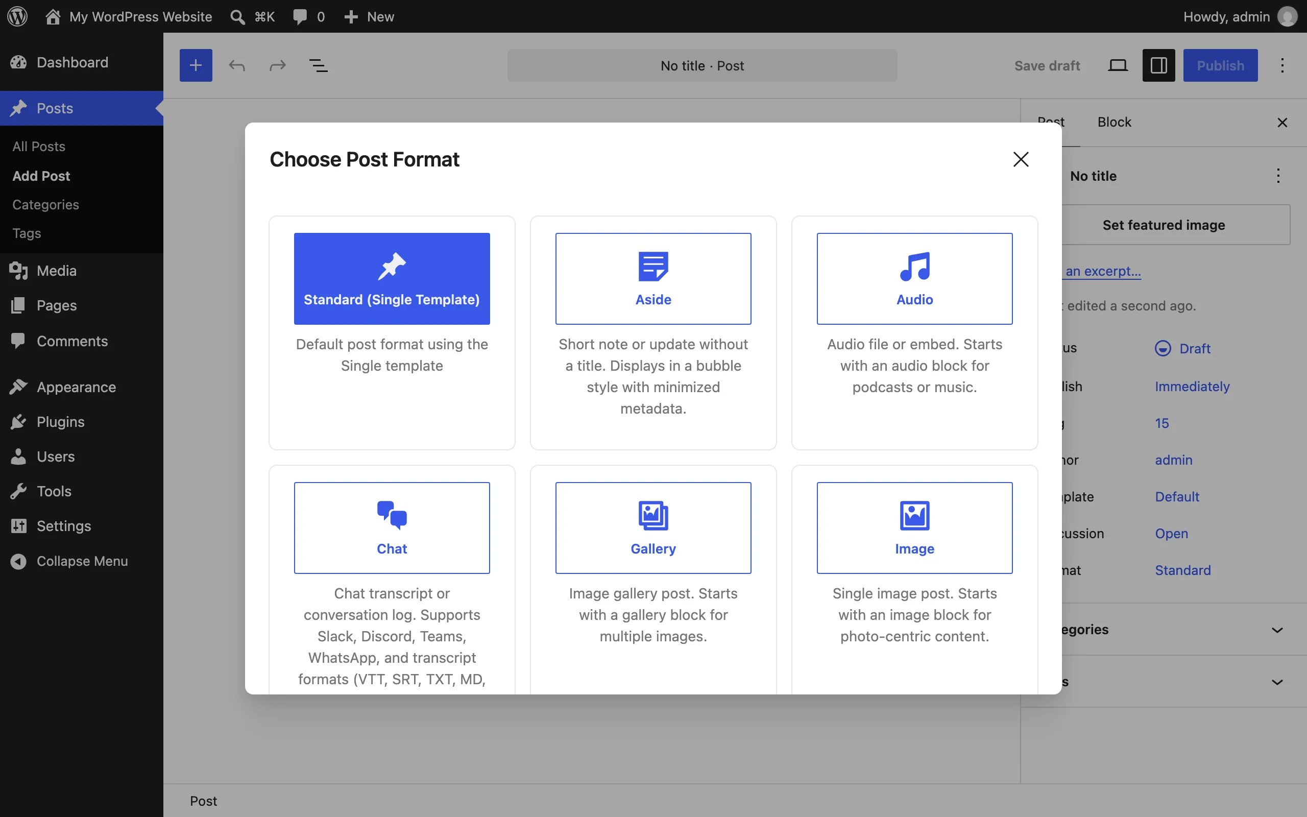 Format selection modal on a new post showing post format cards with icons and descriptions