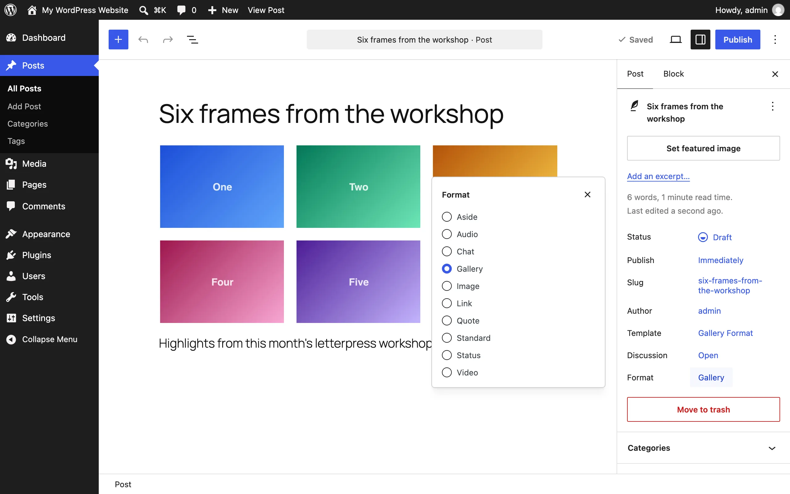 Format popover open in the editor sidebar listing all ten formats with Gallery selected