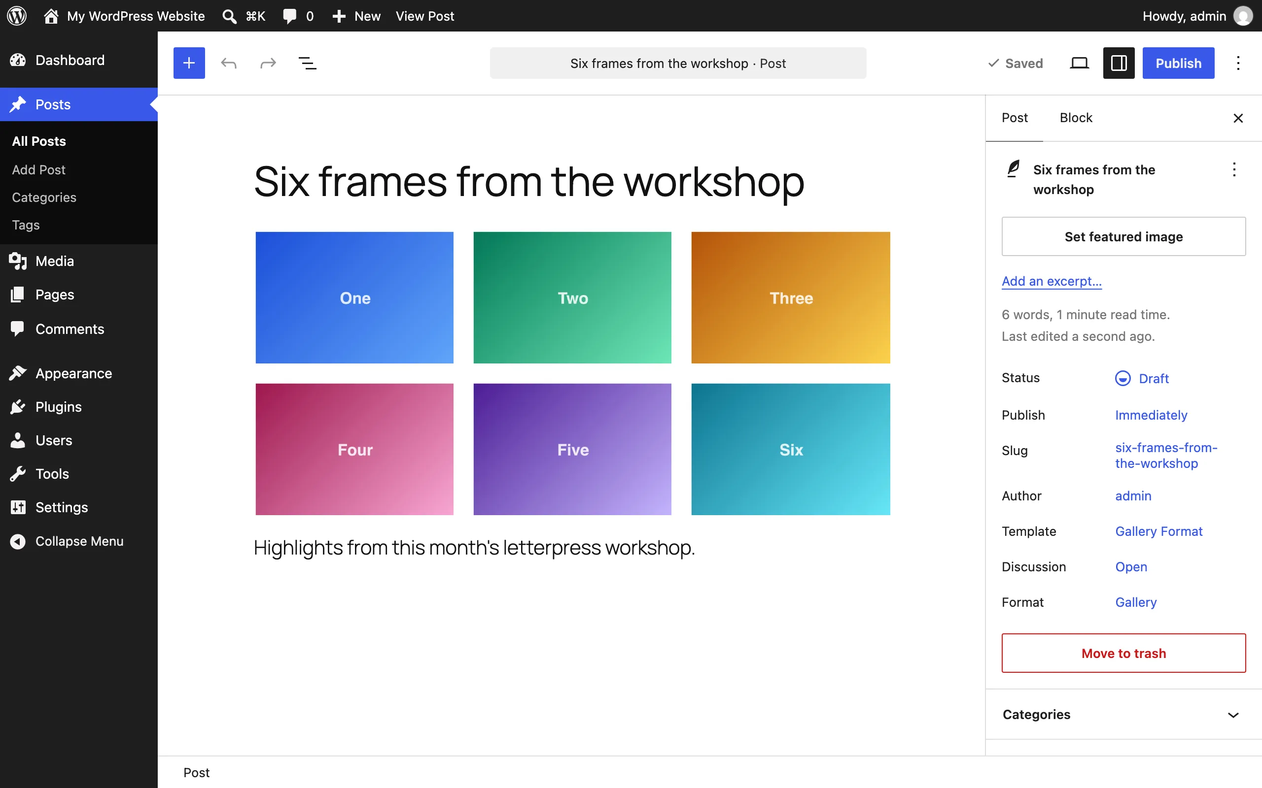 Gallery format pattern in the editor with a locked gallery block in a responsive grid