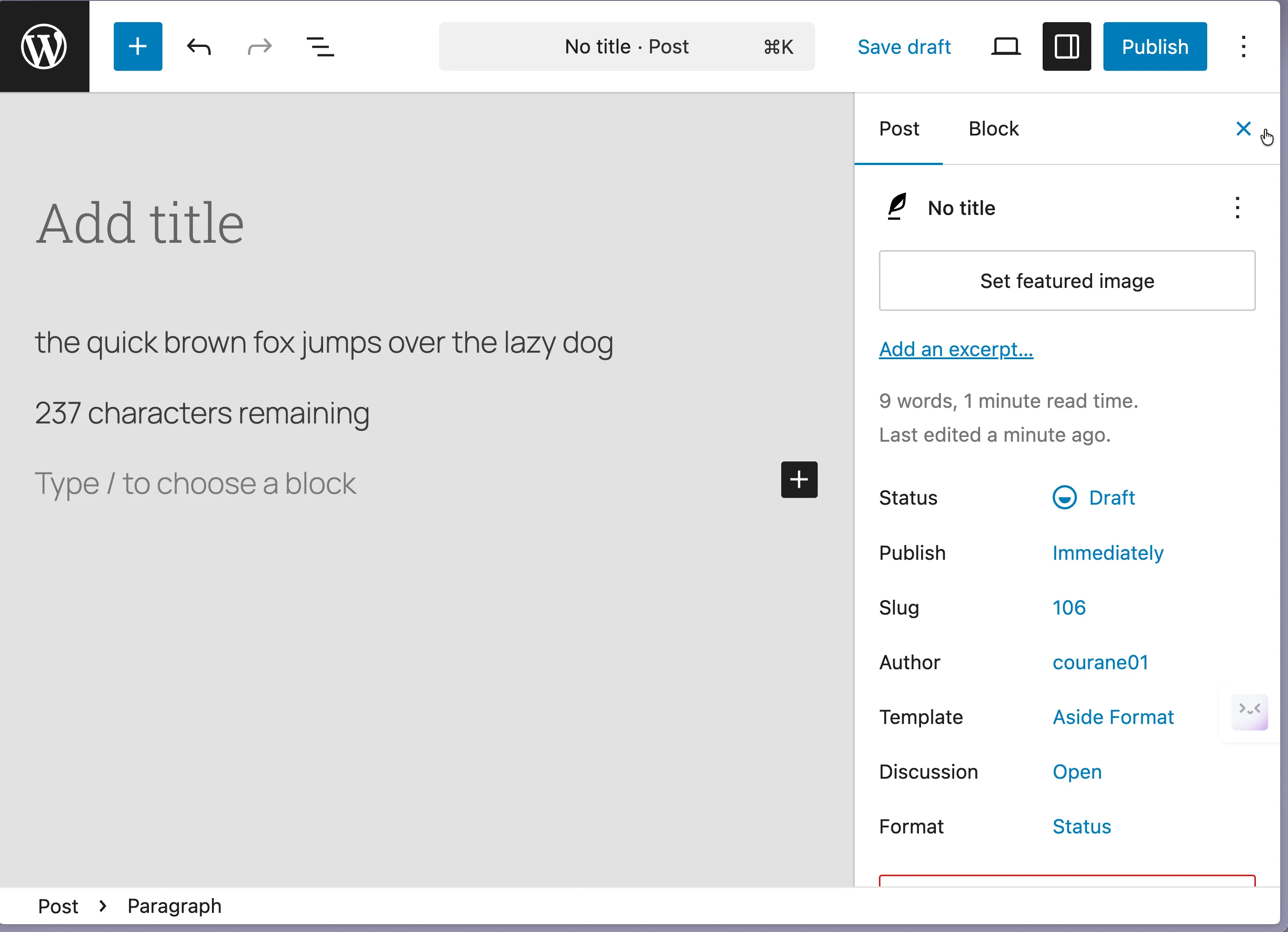 Status format post in the editor showing the remaining-characters counter below the text