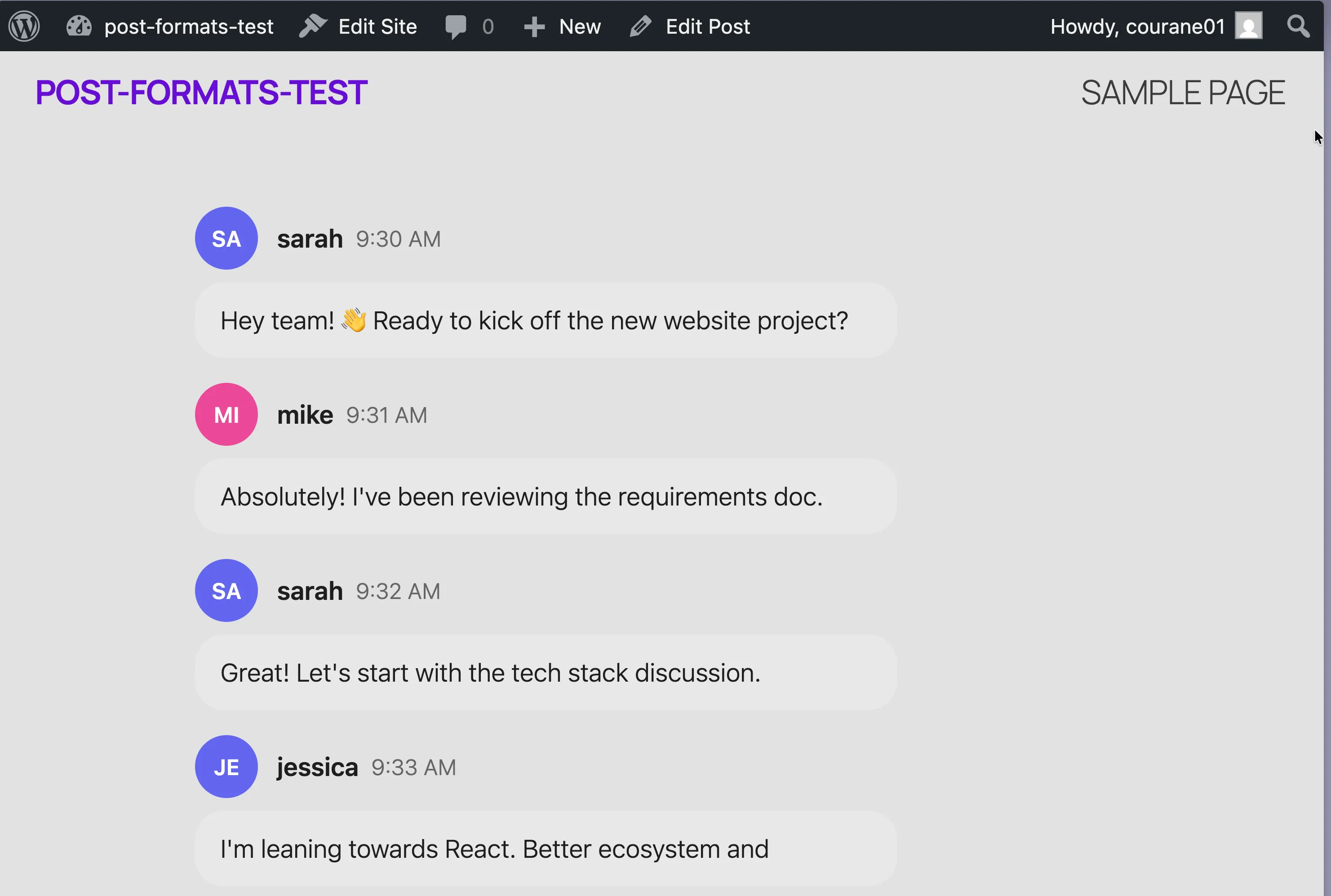 Published chat log on the frontend showing avatars, usernames, timestamps, and bubble-style messages