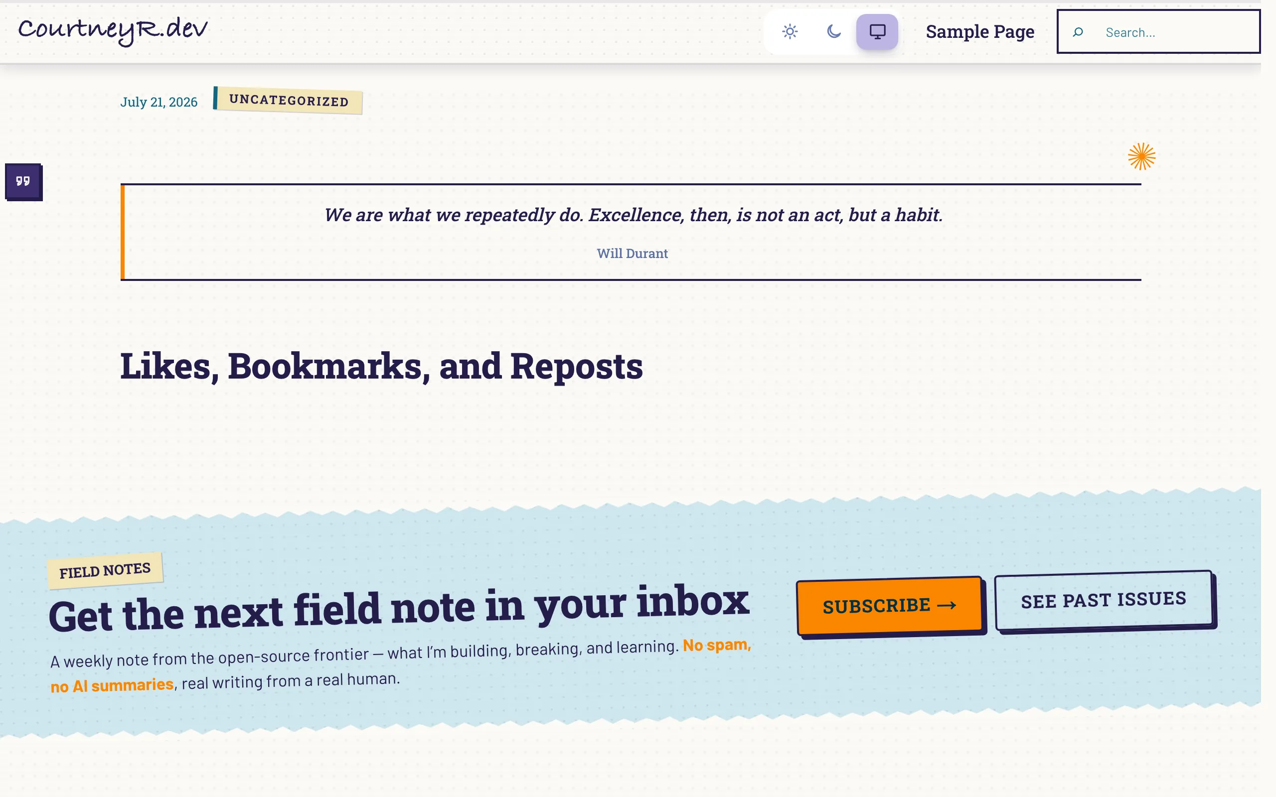 Published quote-format post styled by a zine-style block theme, with the format badge in the margin and the pullquote as the post body