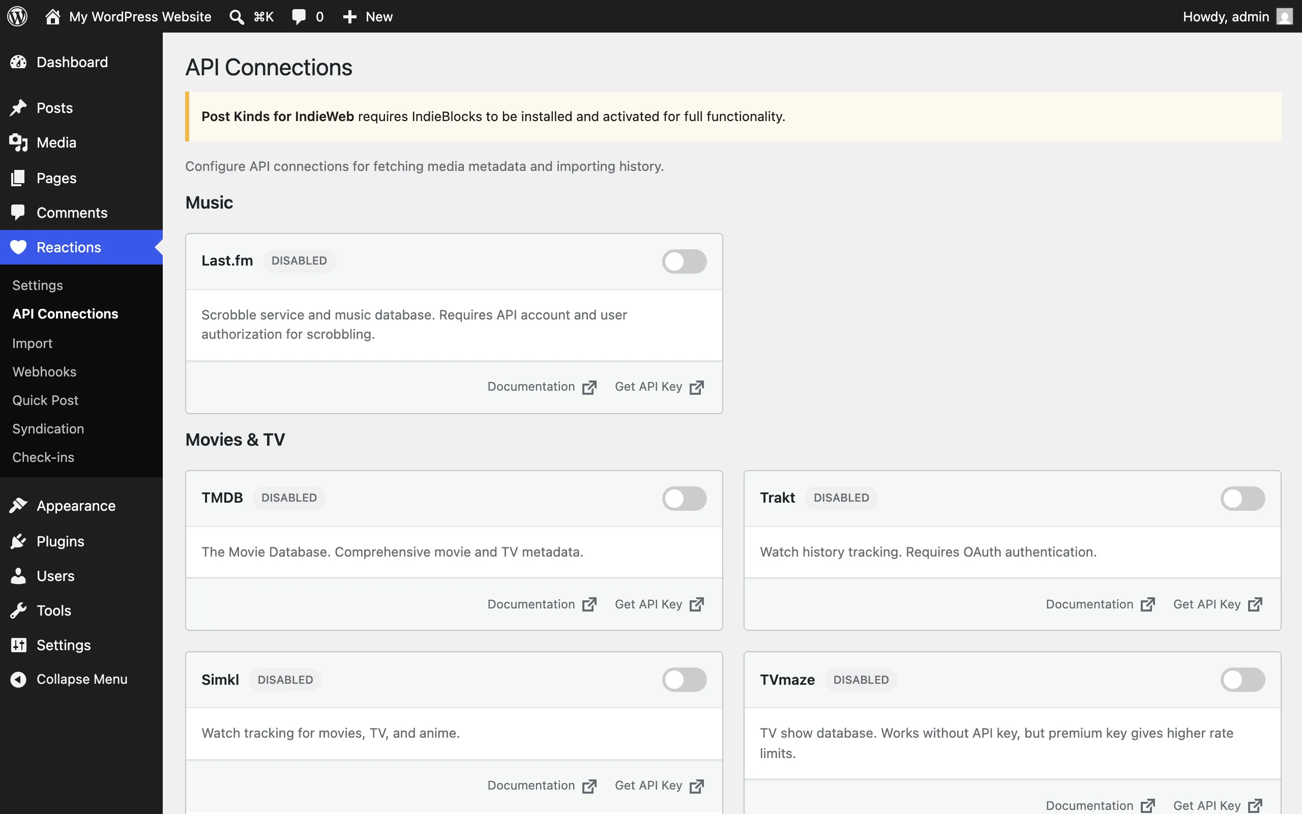 API Connections page with service credential fields