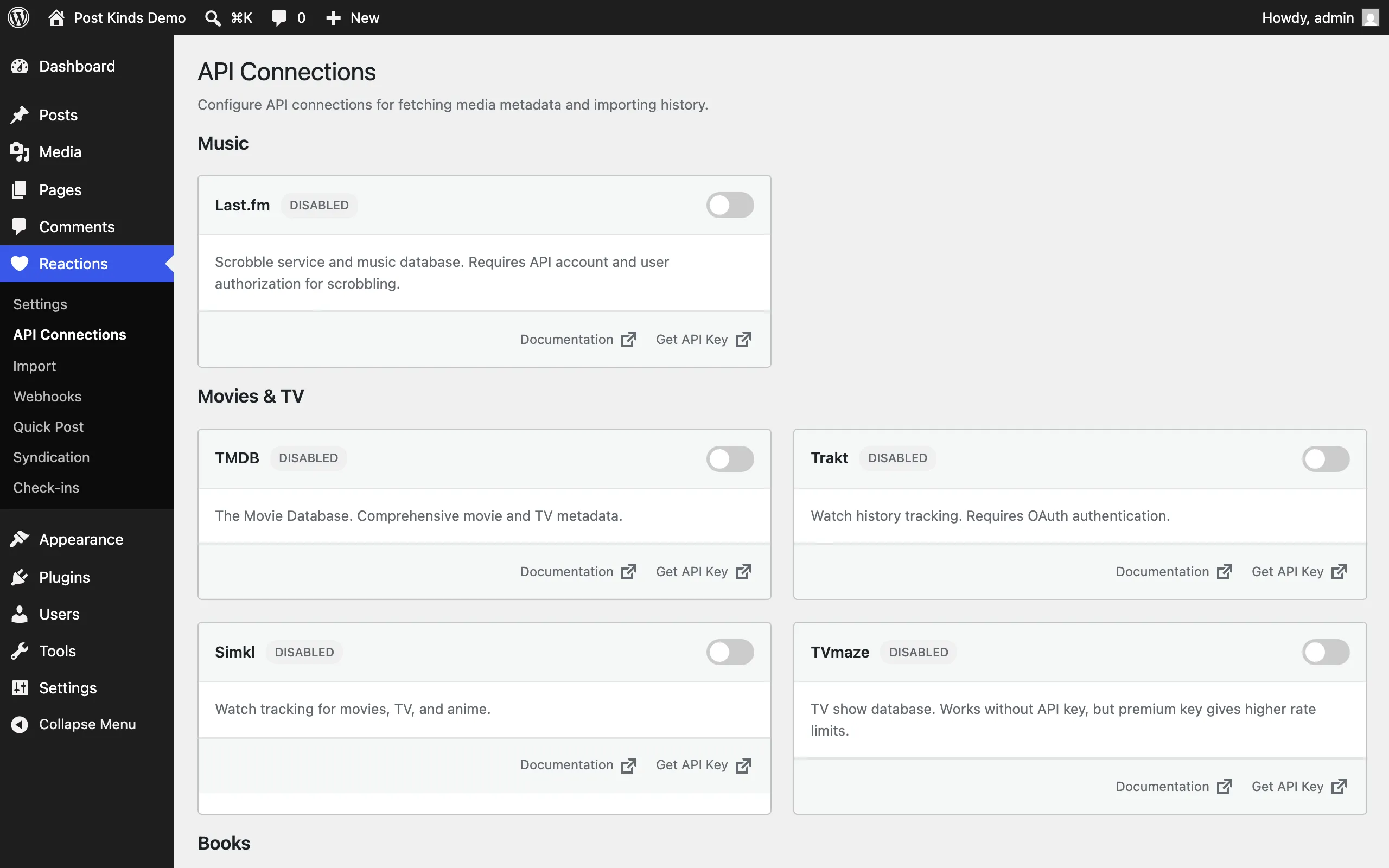 API Connections page with service credential fields