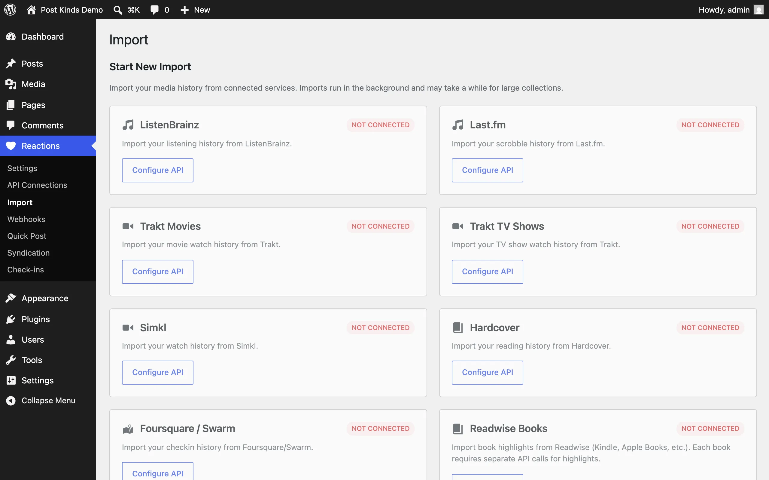 Import page listing per-service import options