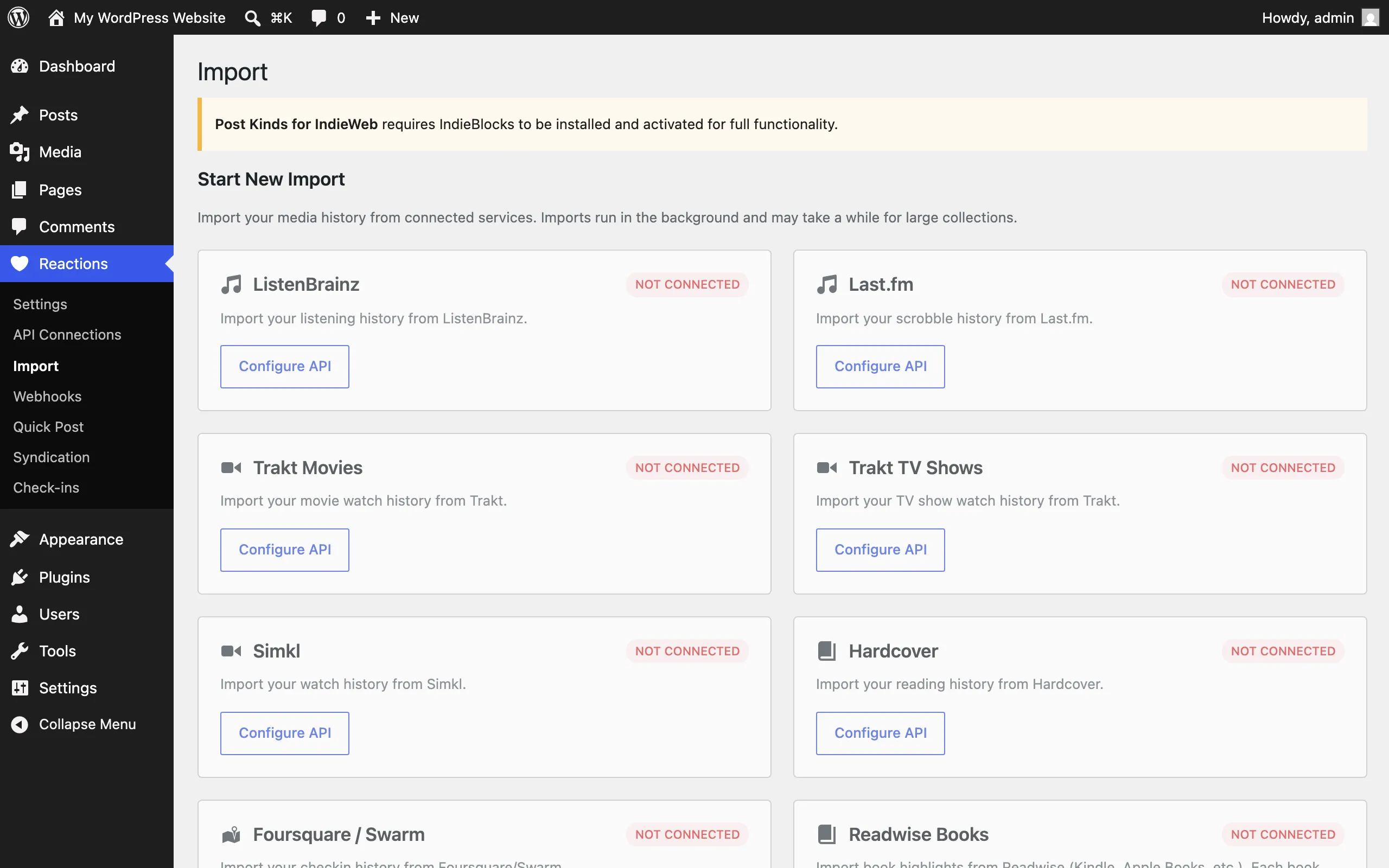 Import page listing per-service import options