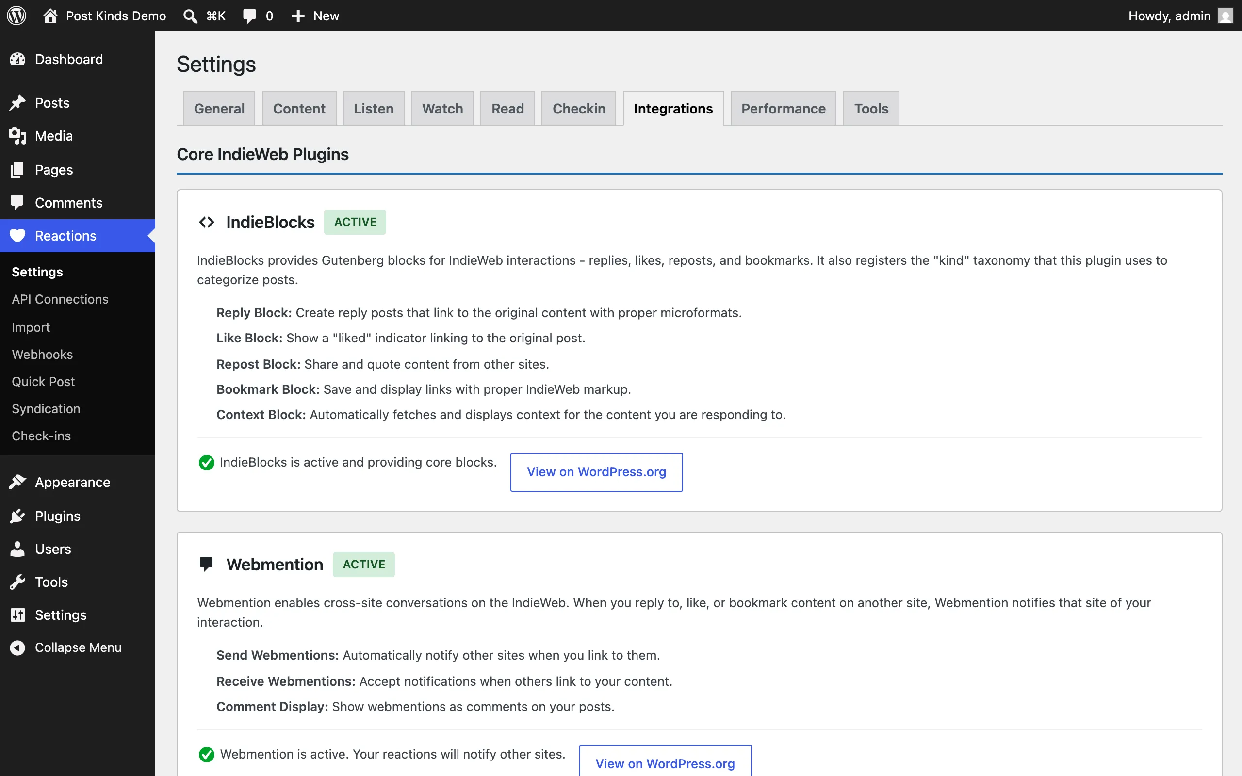 Integrations tab with status cards for related plugins