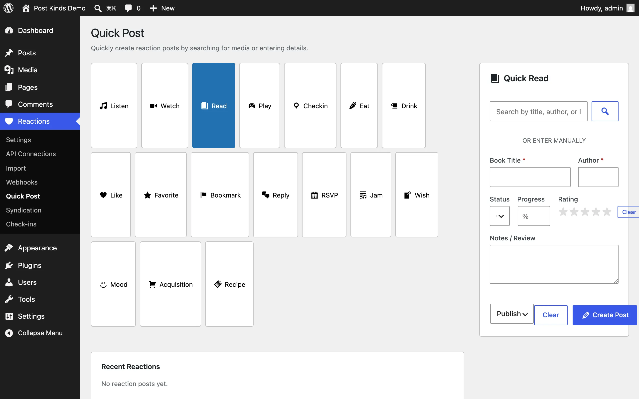 Quick Post page with media search and manual entry form