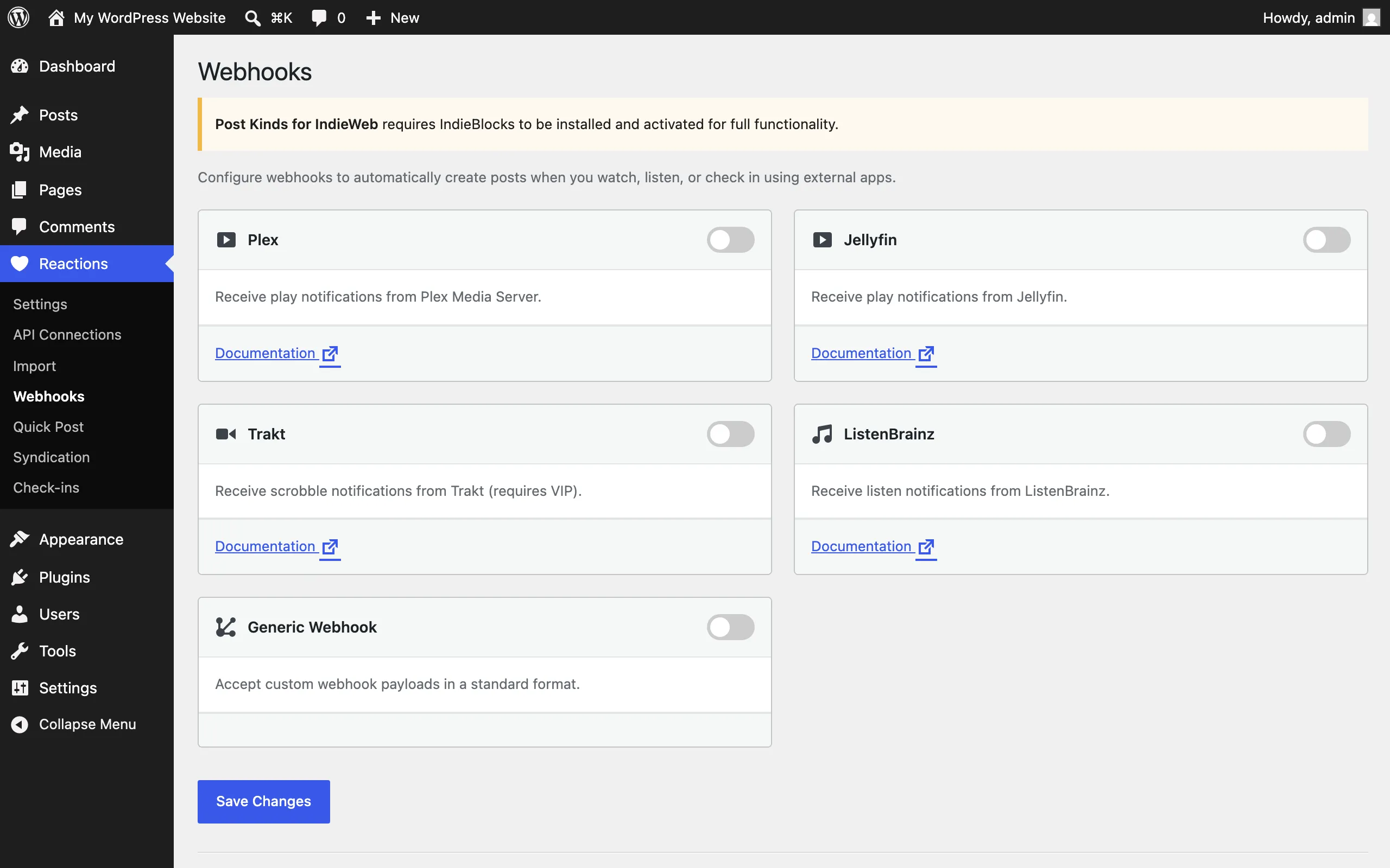 Webhooks page with per-service webhook URLs and secret controls